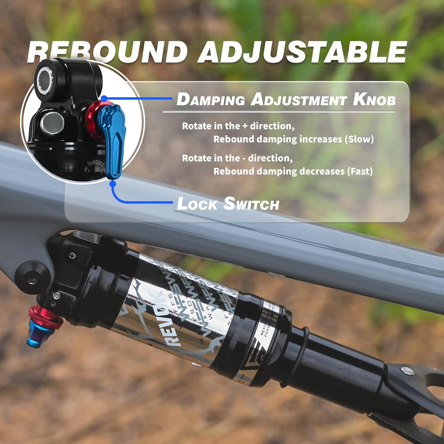 WFS Revok MTB Air Rear Shock w/Adjustable Rebound & 3-Position Compression Lockout, 200 x 52mm Lightweight 7075 & 6061 Aluminum Suspension Shock Absorber for Mountain/Trail/Enduro/XC/E-Bike, Black