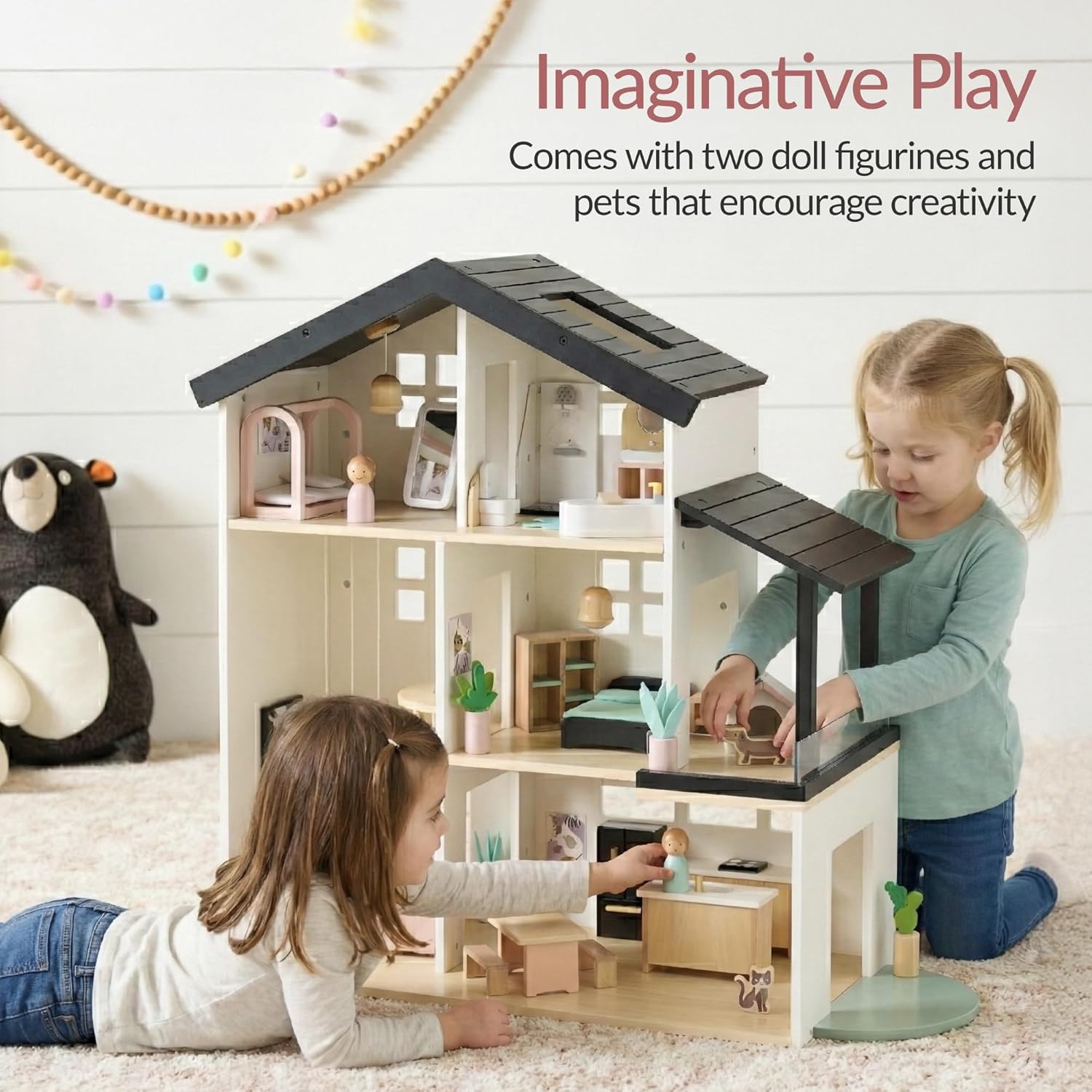Best Choice Products Pretend Play Wooden Doll House with 40 Interactive Accessories, 3-Story Modern Toy Dollhouse Playset with 6 Rooms for Kids - White