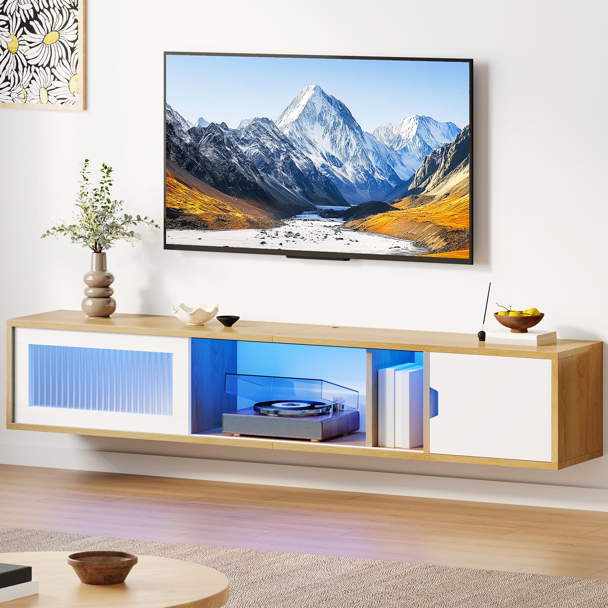 YITAHOME Meuble TV Suspendu Flottant avec Lumières LED RGB, 148 cm Meuble TV Flottant pour Téléviseurs Jusqu'à 65 Pouces avec Centre de Divertissement avec Porte pour Salon et Chambre