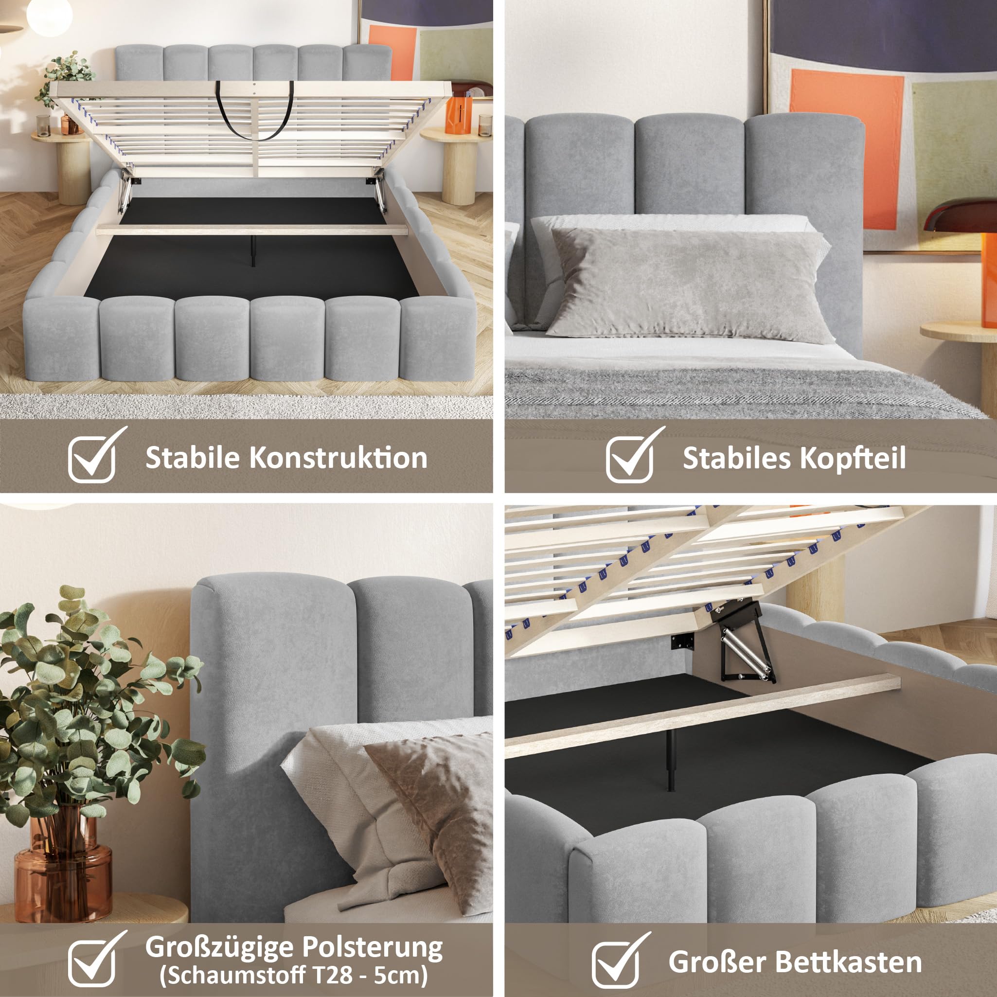 MOTIVENA Nunu Bubble Bett 180x200 Beige Boucle, mit Stauraum, mit Kopfteil, mit Lattenrost, ohne Füße, ohne Matratze, Bubble Polsterbett 180x200 mit Bettkasten Beige