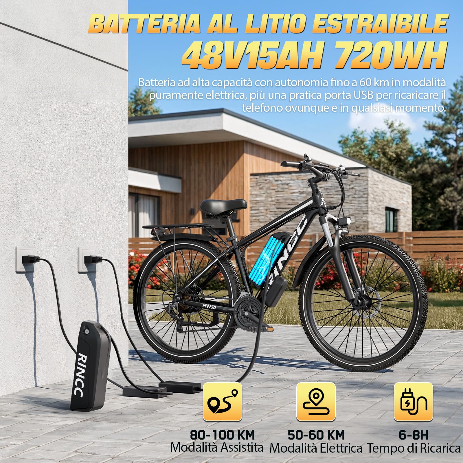 RINCC RN50 Bicicletta Elettrica per Adulti 29 Pollici, Bici Elettrica MTB con Batteria 48V 15Ah, 21 Velocità, Autonomia 50-110 km, Telaio in Alluminio (Nero)