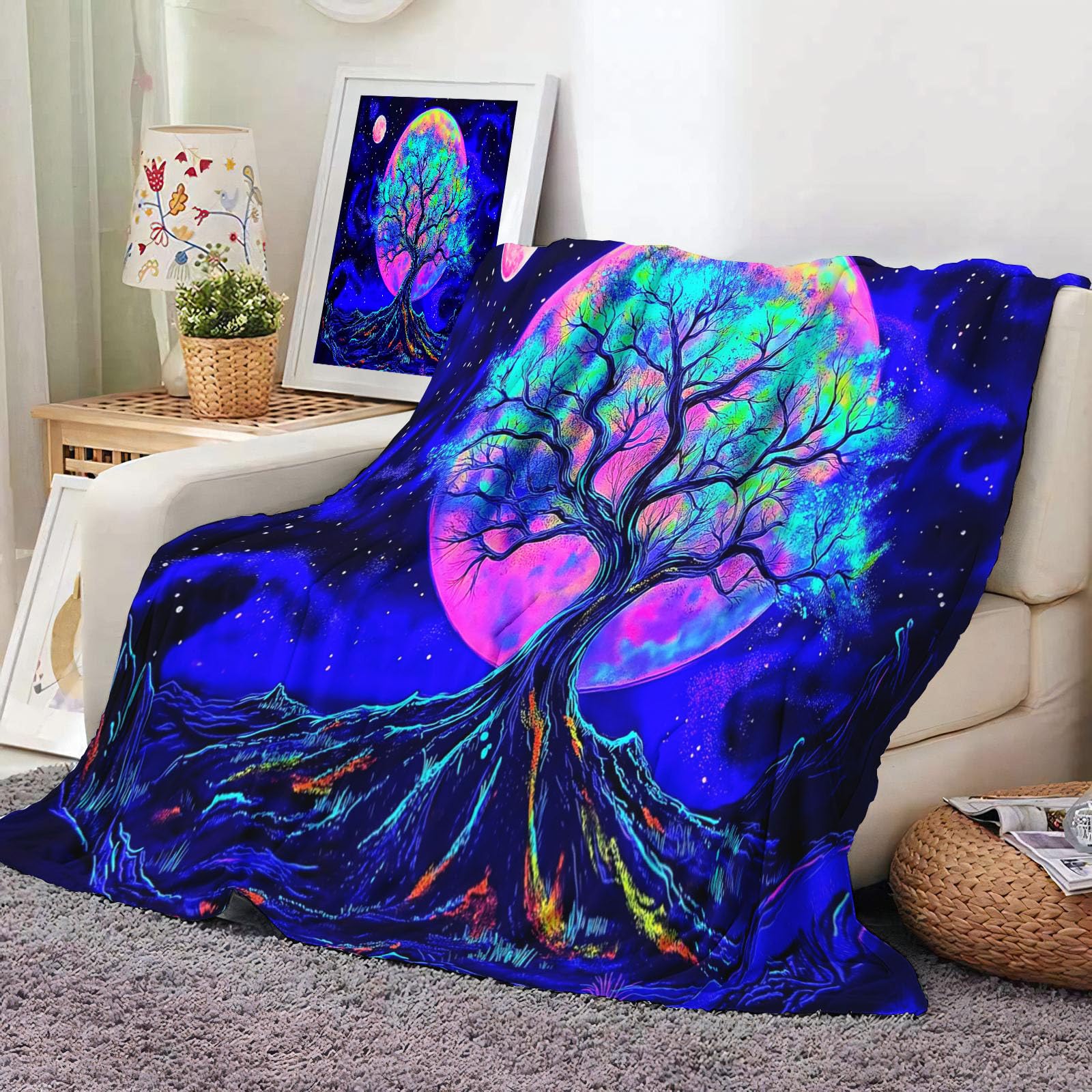 Couverture polaire bleu foncé Onirique Espace pour s'endormir sous un arbre féerique