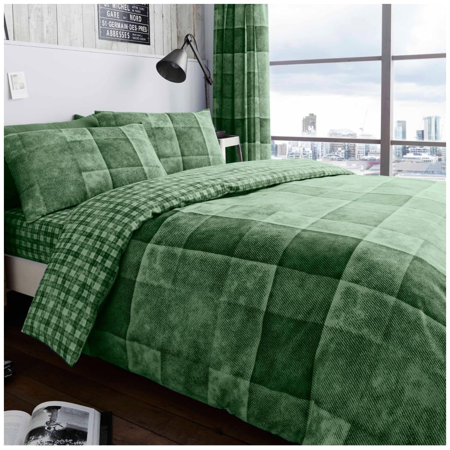 GC GAVENO CAVAILIA Denim Check Duvet Cover Double Bed, Breathable Tartan Bedding Sets Soft Reversible Checkered Quilt Cover Bed Set With Pillowcases, Green