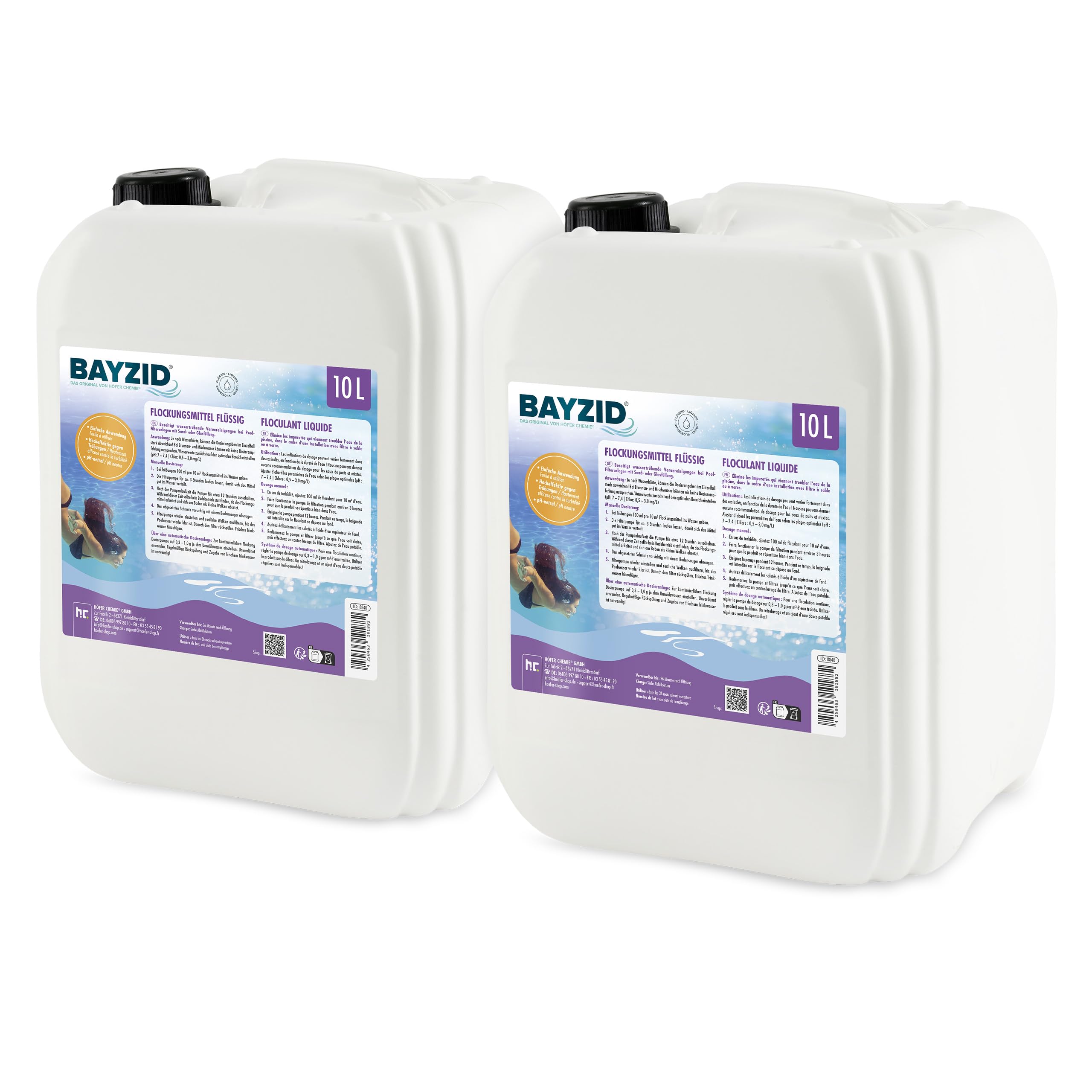 Höfer Chemie BAYZID® 2 x 10 L Floculant Liquide pour Piscine - Clarifiant Ultra - Efficace pour Eau Limpide, Compatible Filtres à Sable, Fabriqué en Allemagne