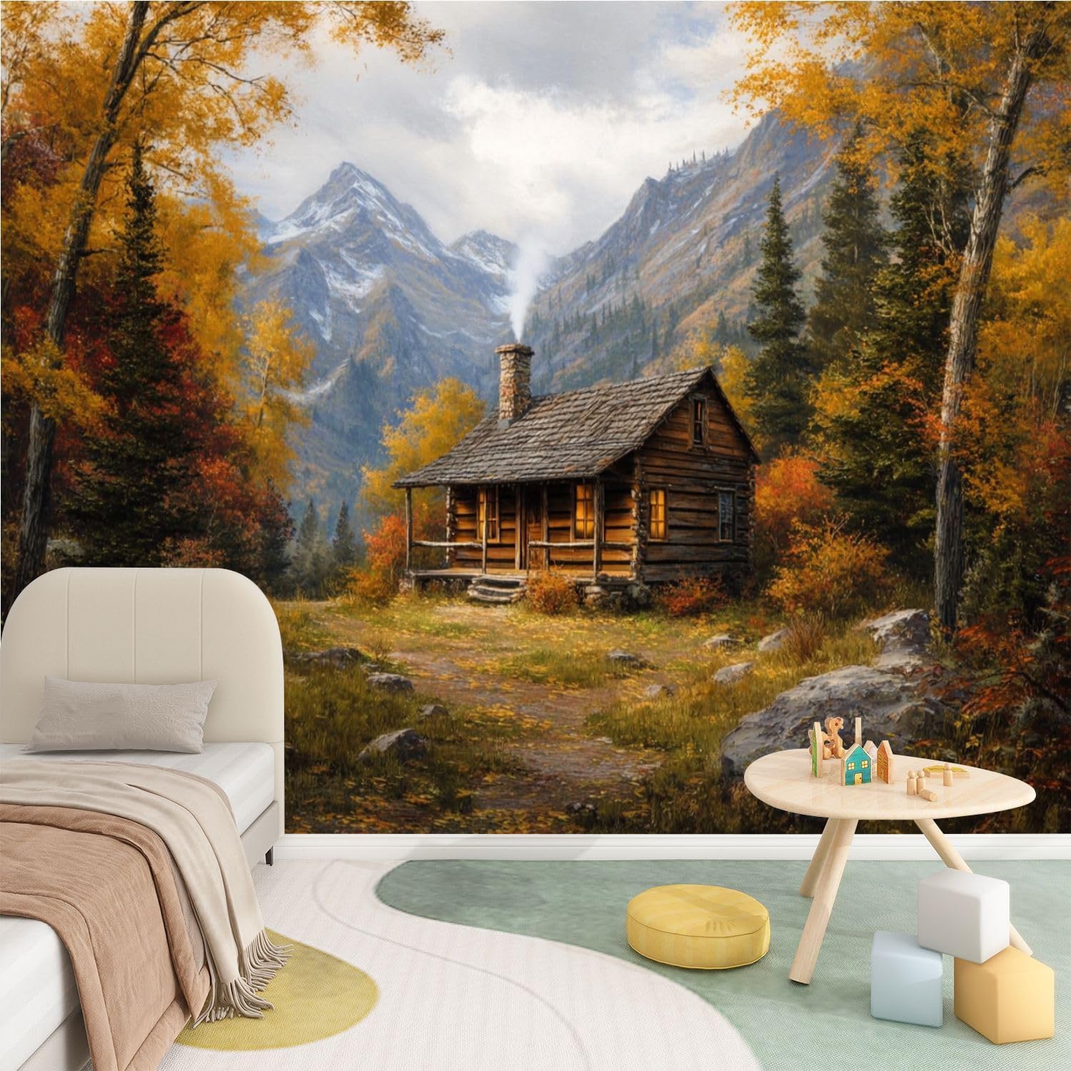 Peel and Stick Wallpaper Removable Mural for Bedroom Cozy Autumn Cabin Mountain Forest Landscape Textured Vinyl Wallpaper Renter Friendly Adhesive Wall Stickers & Murals