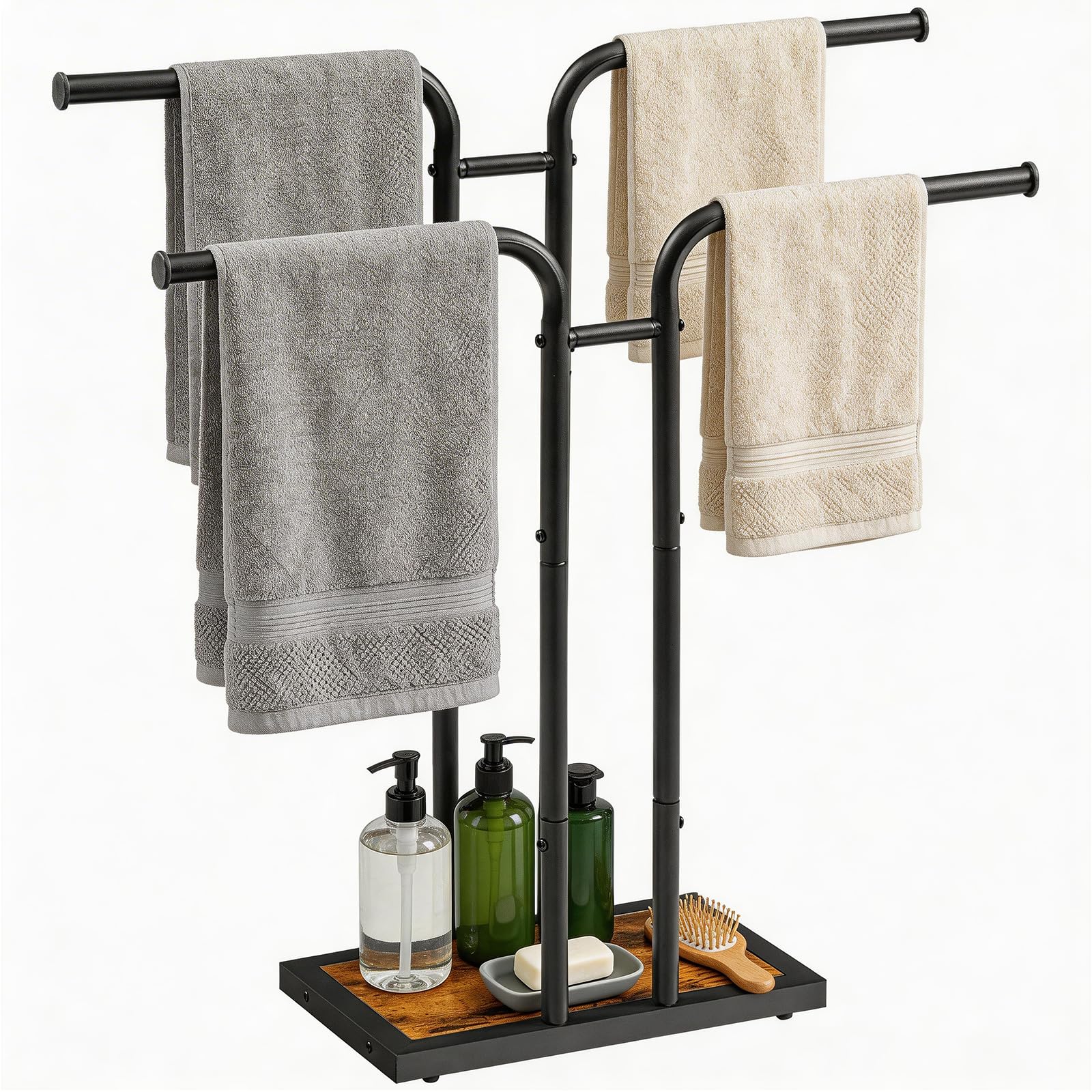 HOOBRO Porte-Serviettes sur Pied en T, Support de Serviettes Vertical avec 2 Barres de Suspension, pour Salle de Bain, Buanderie, Chambre, Marron Rustique et Noir EBF14LB01