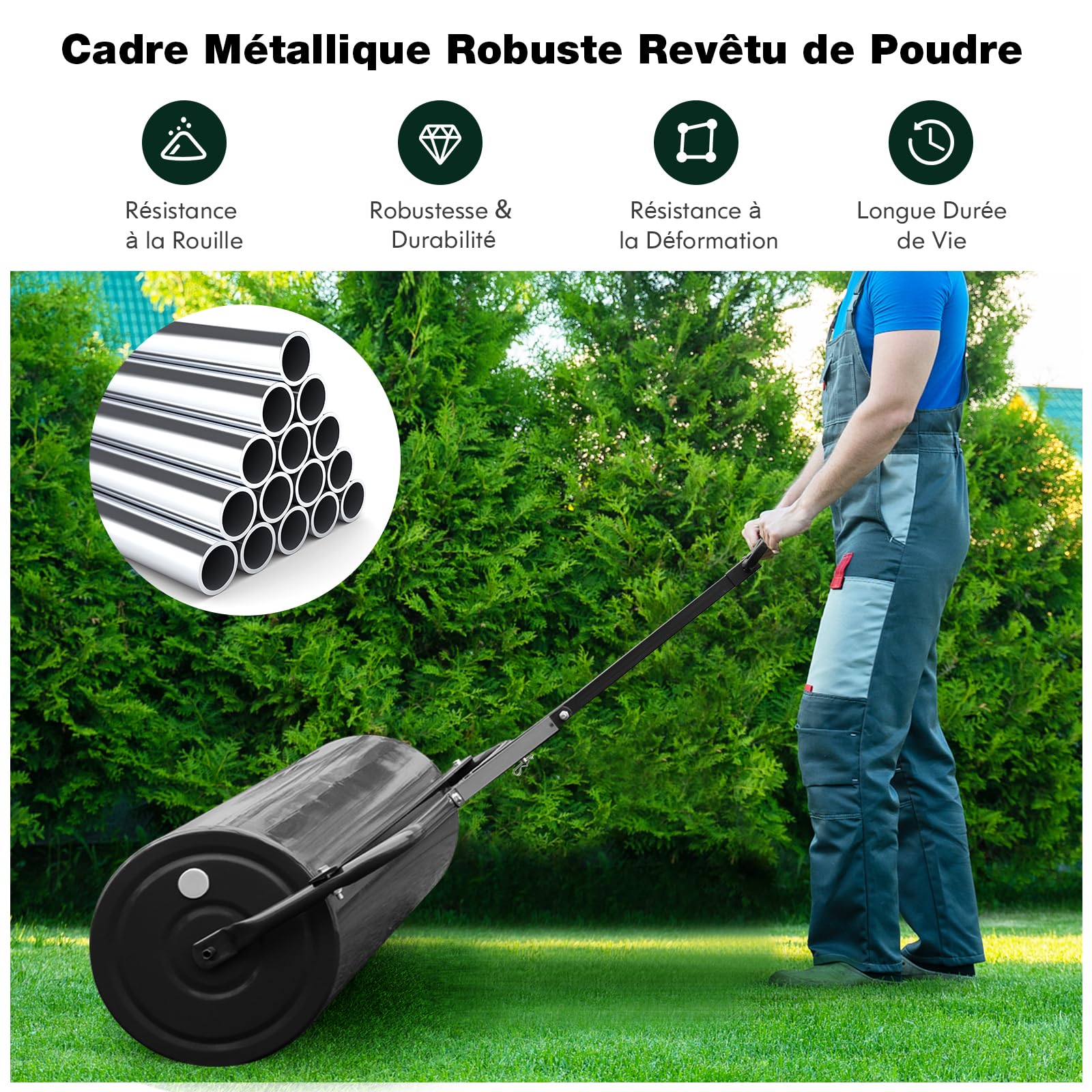 COSTWAY Rouleau à Gazon de Jardin en Métal avec Poignée de Préhension Détachable, Rouleau de Pelouse Rempli d'eau/Sable 113L- Ø 40 CM, Idéal pour Obtenir Pelouse (Noir)