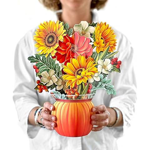 Freshcut Paper Pop Up Cards, Pumpkin Harvest, 12 Inch Life Sized Forever Flower Bouquet 3D Popup Greeting Card, Autumn Cards, Birthday Card, Blank Notecard & Envelope
