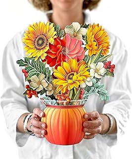Freshcut Paper Pop Up Cards, Thanksgiving Greeting Cards, Autumn, Fall, Pumpkin Harvest, 12 inch Life Sized Forever Flower Bouquet 3D Popup with Note Card and Envelope - Harvest Party Decoration