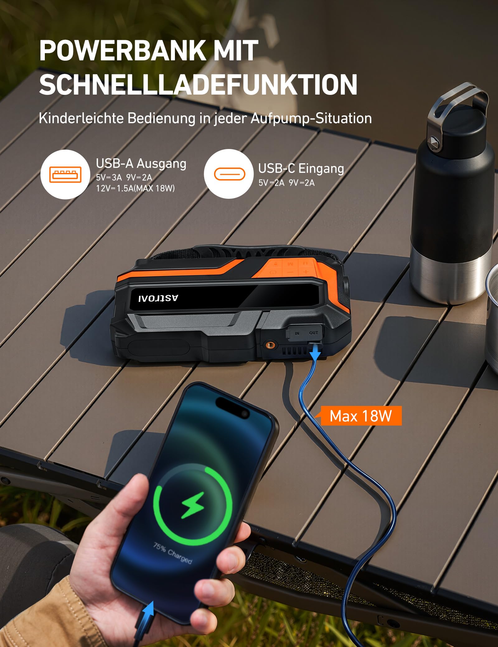 AstroAI Auto Starthilfe Powerbank für pkw mit 150PSI Kompressor, 8000A Starter Powerbank für 10 L Benzin / 8 L Diesel,für 12 V Autos, Motorräder, SUVs, Booster Auto Starthilfe mit LED-Display, Orange