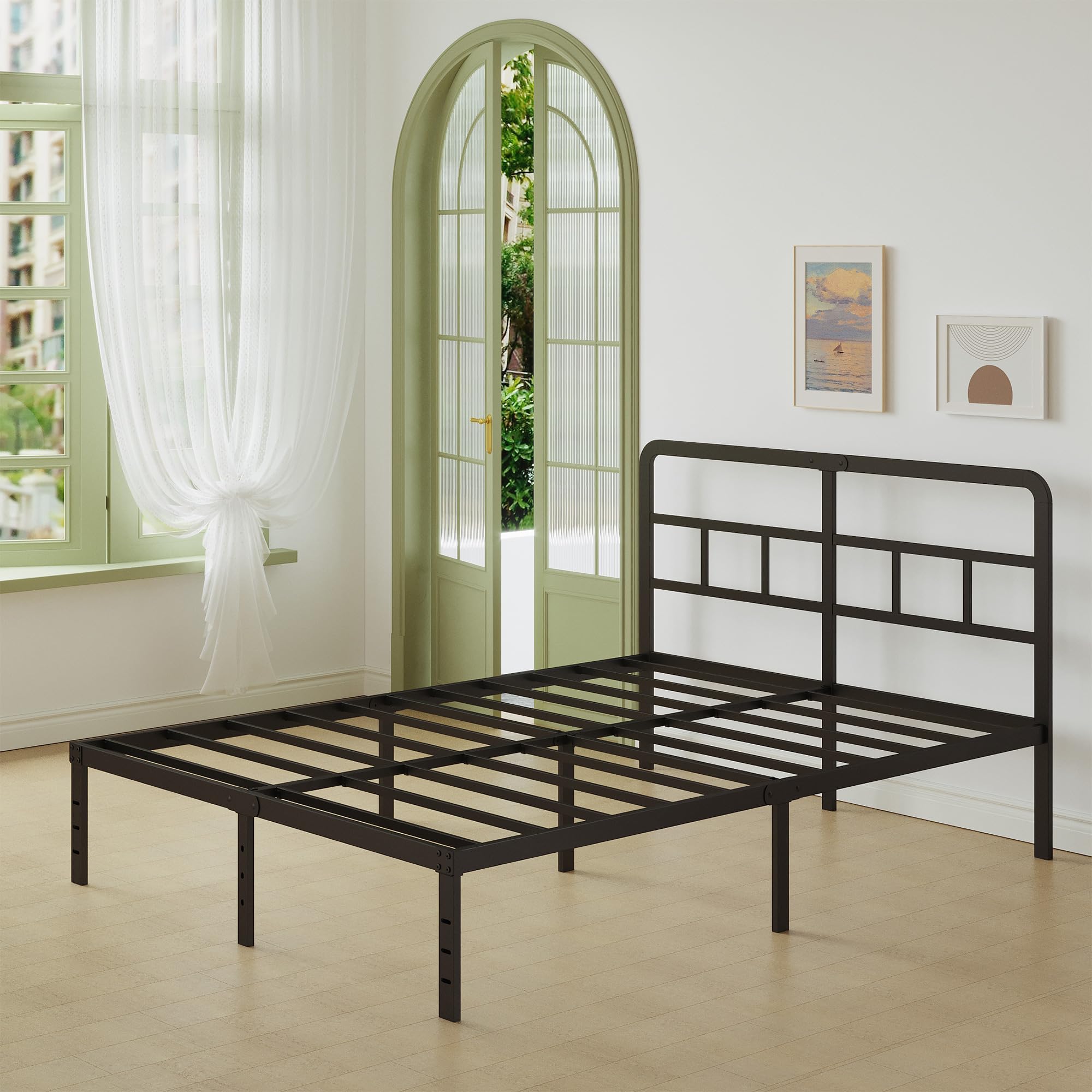 Lutown-Teen Cama de Metal 160x190 cm con Cabecero de Esquina Curvo, Altura 36 cm, Marco de Cama Matrimonio con Somier de Láminas de Acero, Espacio Almacenamiento, Fácil Montaje, Negro