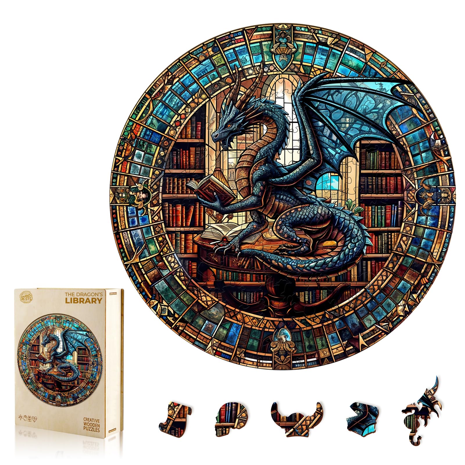 WOODBESTS Wooden Puzzles for Adults (100 Piece, S, 8.5"x8.5") Dragon's Library Wood Puzzle Adult, Unique Wooden Animal Jigsaw Puzzles, Family Game and