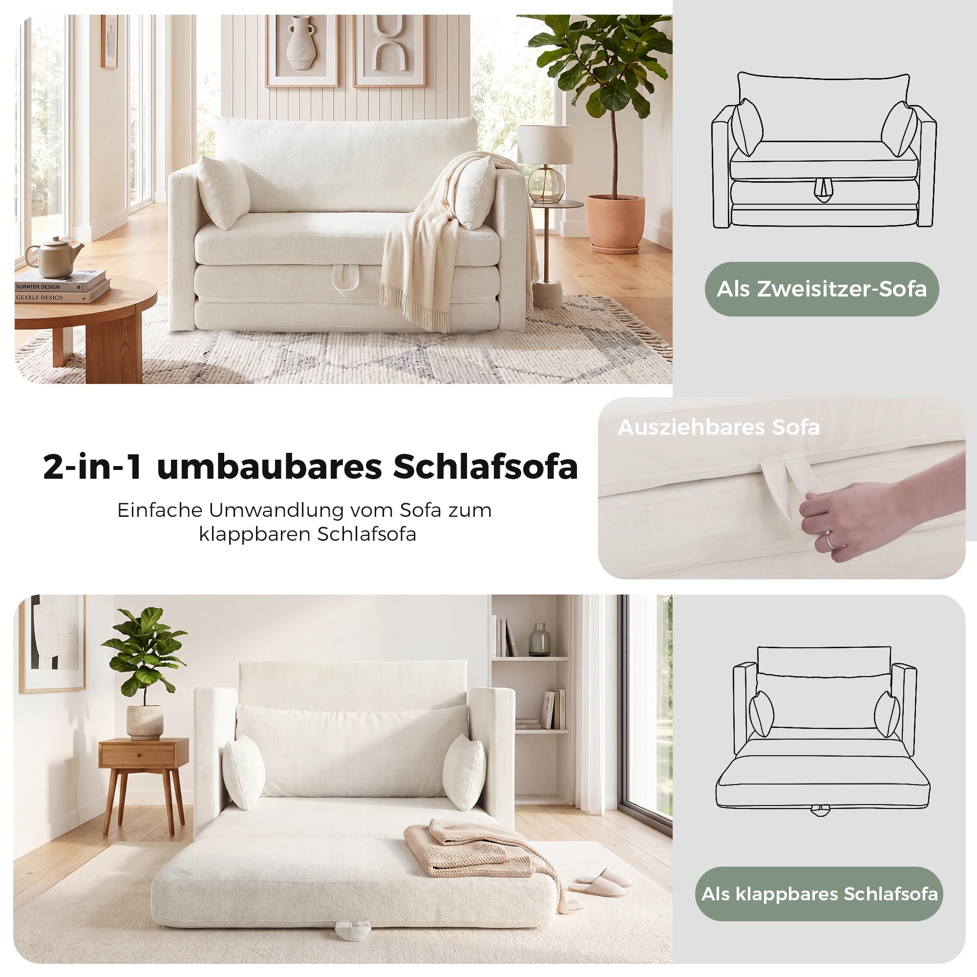 GRAVFORCE Schlafsofa 3-in-1 klappbares Bodensofa mit Kissen Beige