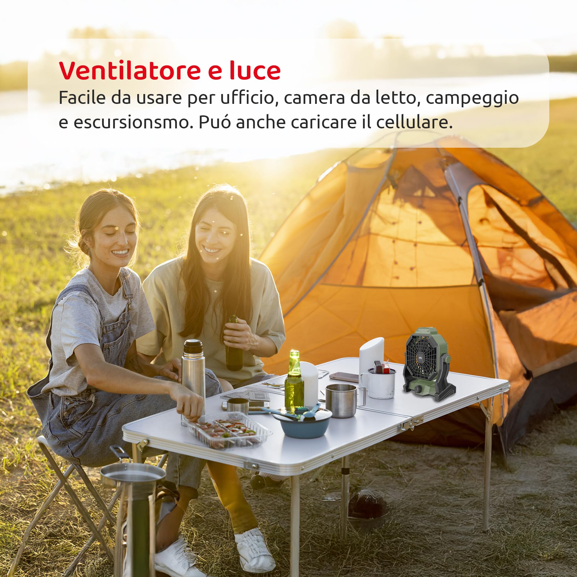 Melchioni Family | Ventilatore Portatile da Campeggio Ricaricabile con Luce, Batteria Incorporata da 5200 mah Ricaricabile tramite Cavo USB