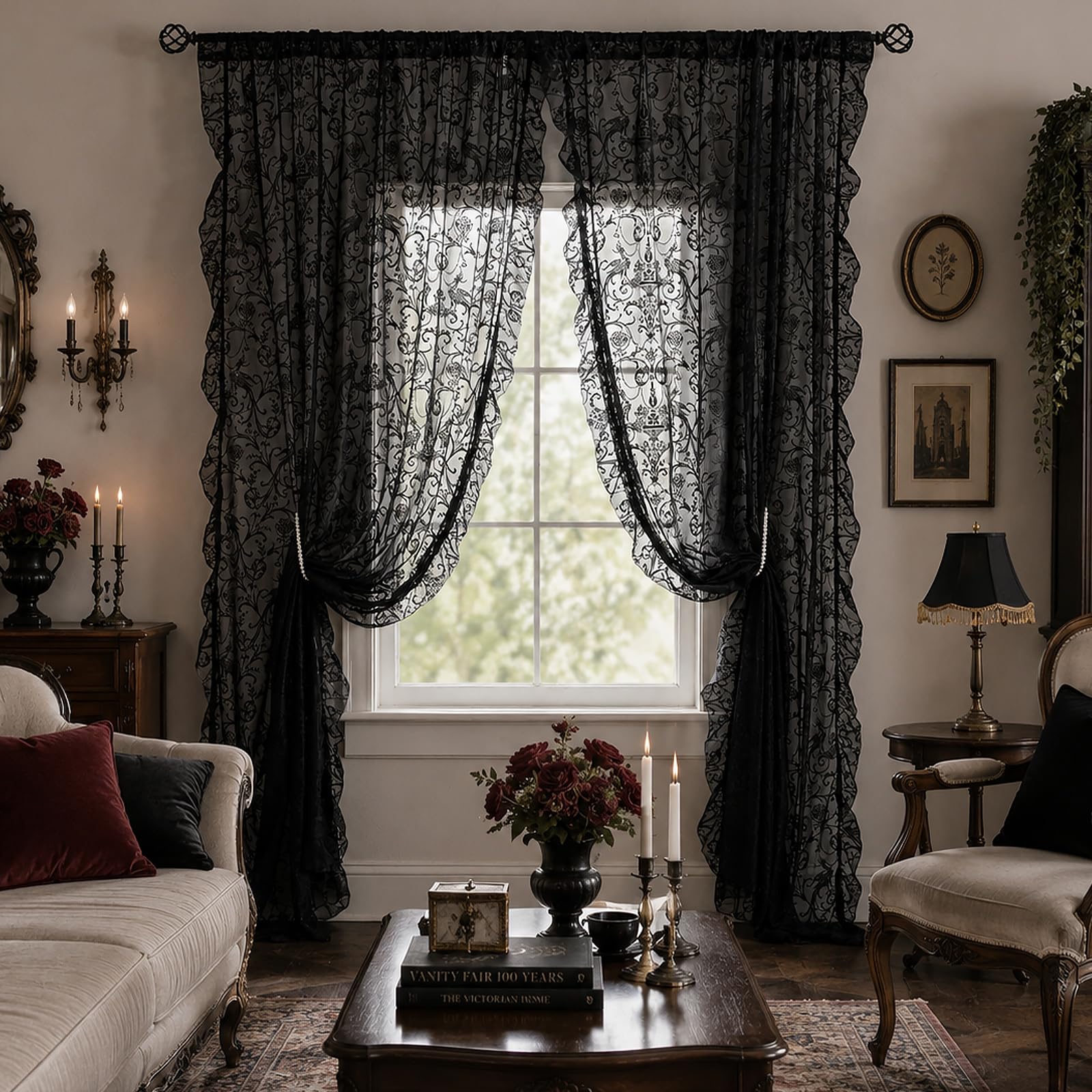 TUDECO Schwarze transparente Vorhänge, 213 cm lang, Shabby Chic, gestrickt, Florale Spitze, Privatsphäre, Goth/Hexe, dunkle Fenstervorhänge für Wohnzimmer, Stangentasche, französisches Dekor, 1 Paar