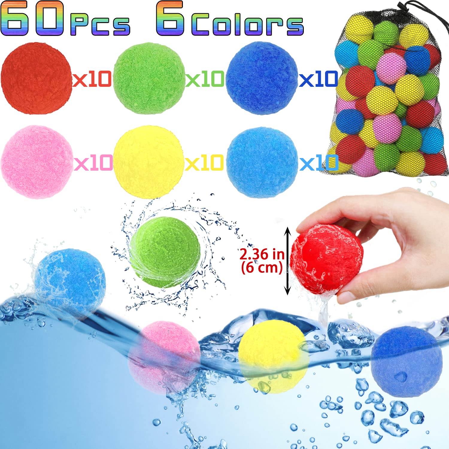 Bolas de esponja de agua reutilizables, 60 globos de agua para niños, juguetes de playa y piscina, juegos de patio al aire libre para niños de 3 a 5 4 a 8 a 12 años, niños, niñas, adolescentes 2