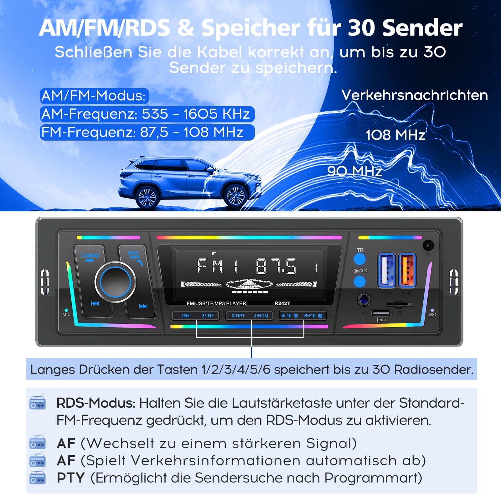 RDS Autoradio Bluetooth, CENXINY Autoradio mit Type-C-Ladeanschluss, Mehreren Beleuchtungsmodi,FM/AM Fernbedienung/2USB/AUX/SD/MP3-Player/DSP/EQ