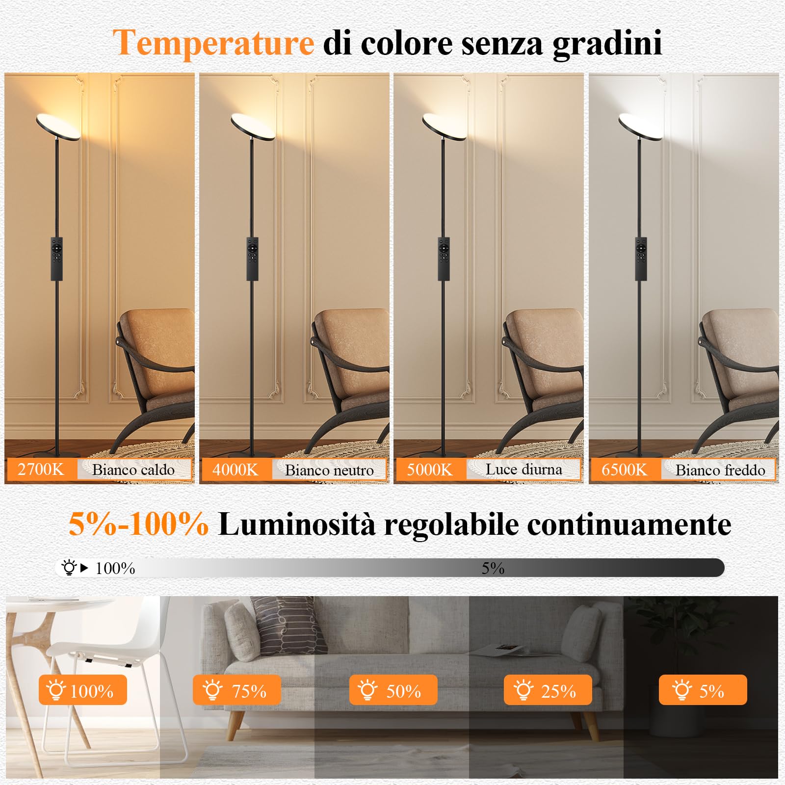 Lampada da terra dimmerabile LED 36 W, moderna lampada da soffitto con 2700 K-6500 K, dimmerabile, con telecomando e controllo touch per soggiorno, camera da letto, ufficio