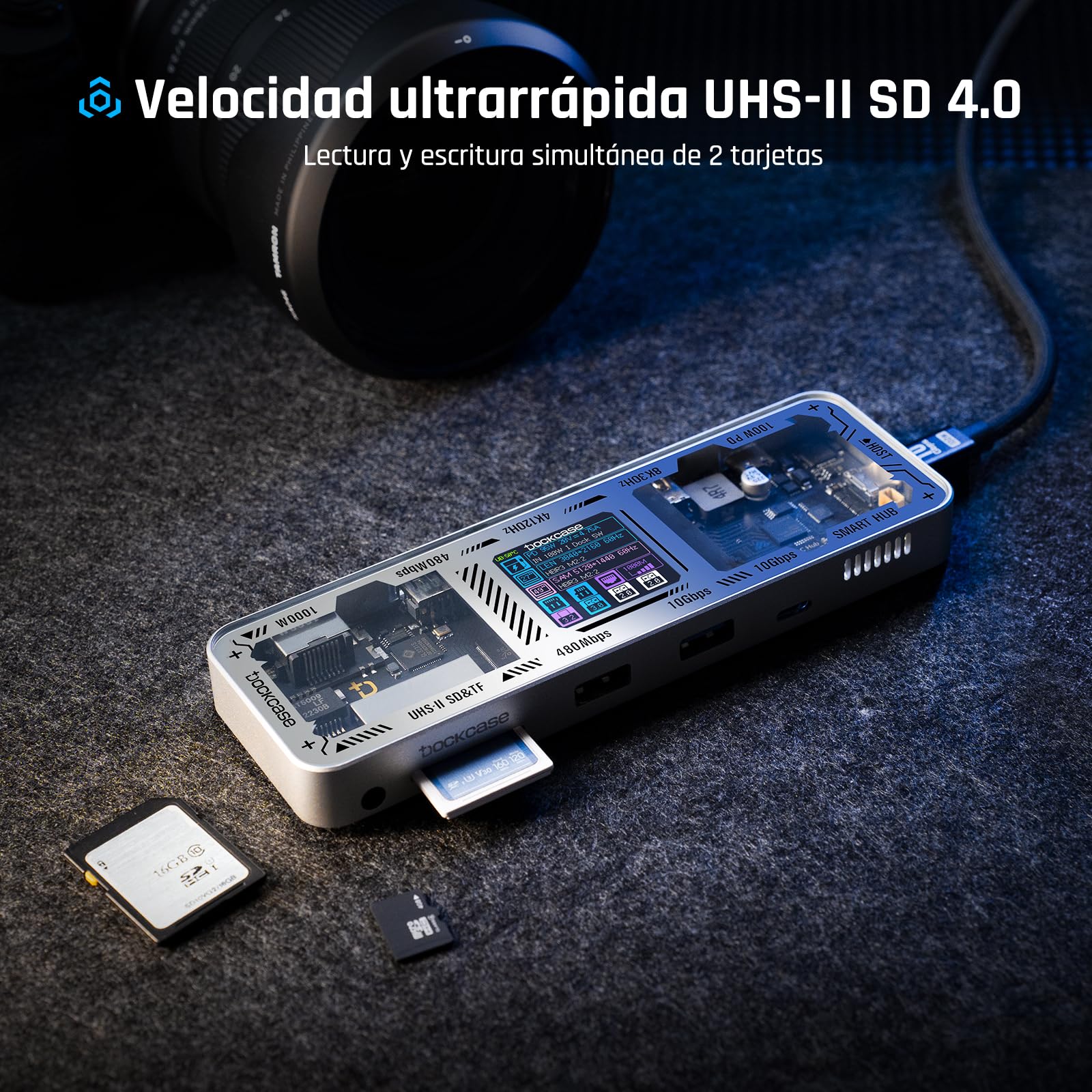 DOCKASE Smart USB-C Hub 10 en 1 Explorer Edition, Doble Pantalla 4K@60Hz, PD 100w, RJ45 Ethernet, 2 USB 3.2, 2 USB 2.0, Lector de Tarjetas UHS-II SD/TF, Dock USB C (Plata Brillante)