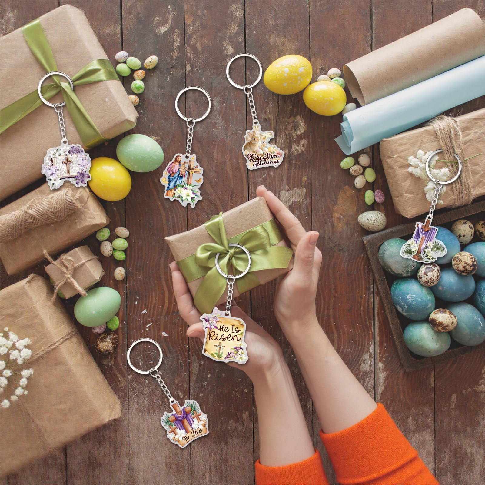 HOWAF 24 Pcs Easter He Is Risen Gift Keychains Bulk, Christian Easter Acrylic Bible Verse Keychain Set, Religious Jesus Gifts for Adults Kids, Sunday School Classroom Prizes, Church Party Favors