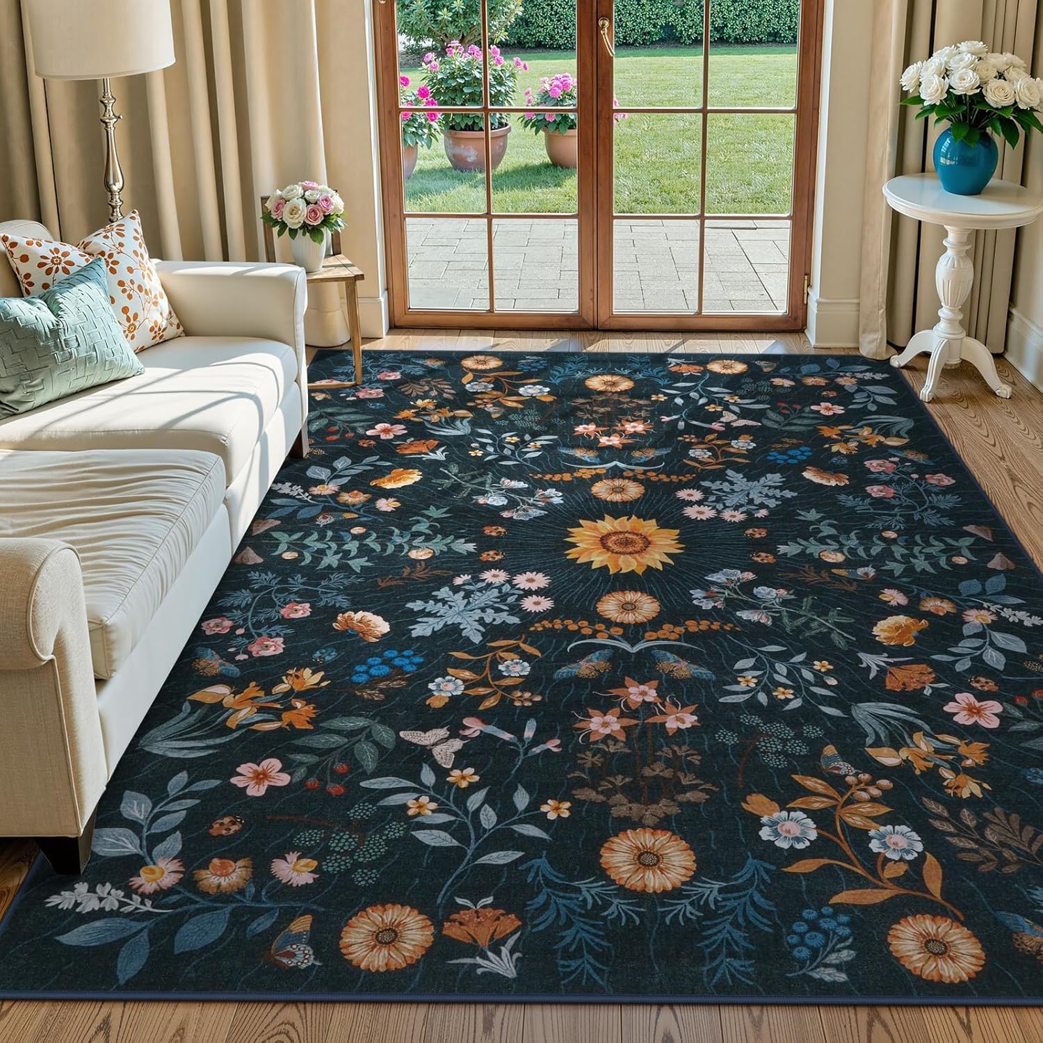 LIVEBOX Sunflower Botanical Washable 8x10 Area Rugs, Blue Rug for Living Room, Non Slip Rugs for Bedroom, Boho Floral Indoor Throw Dining Room Carpet for Under Table Home Office Nursery Playroom