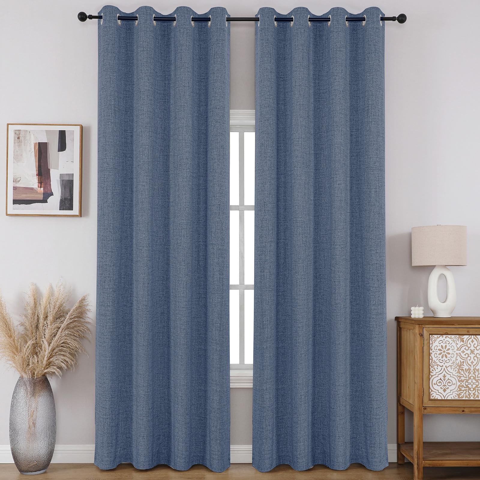 CUCRAF 100% Blackout Window Curtains 90 inches Long 2 Panels Set, Faux Linen Look Thermal Insulated Grommet Drapes, Room Darkening Curtain for Bedroom