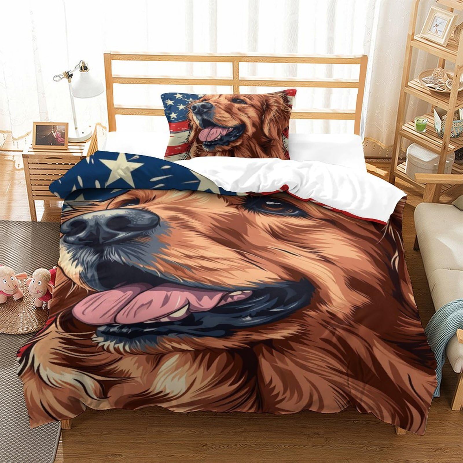 Housse de couette Golden Retriever 3D lit simple 135x200 avec 2 taies d'oreiller