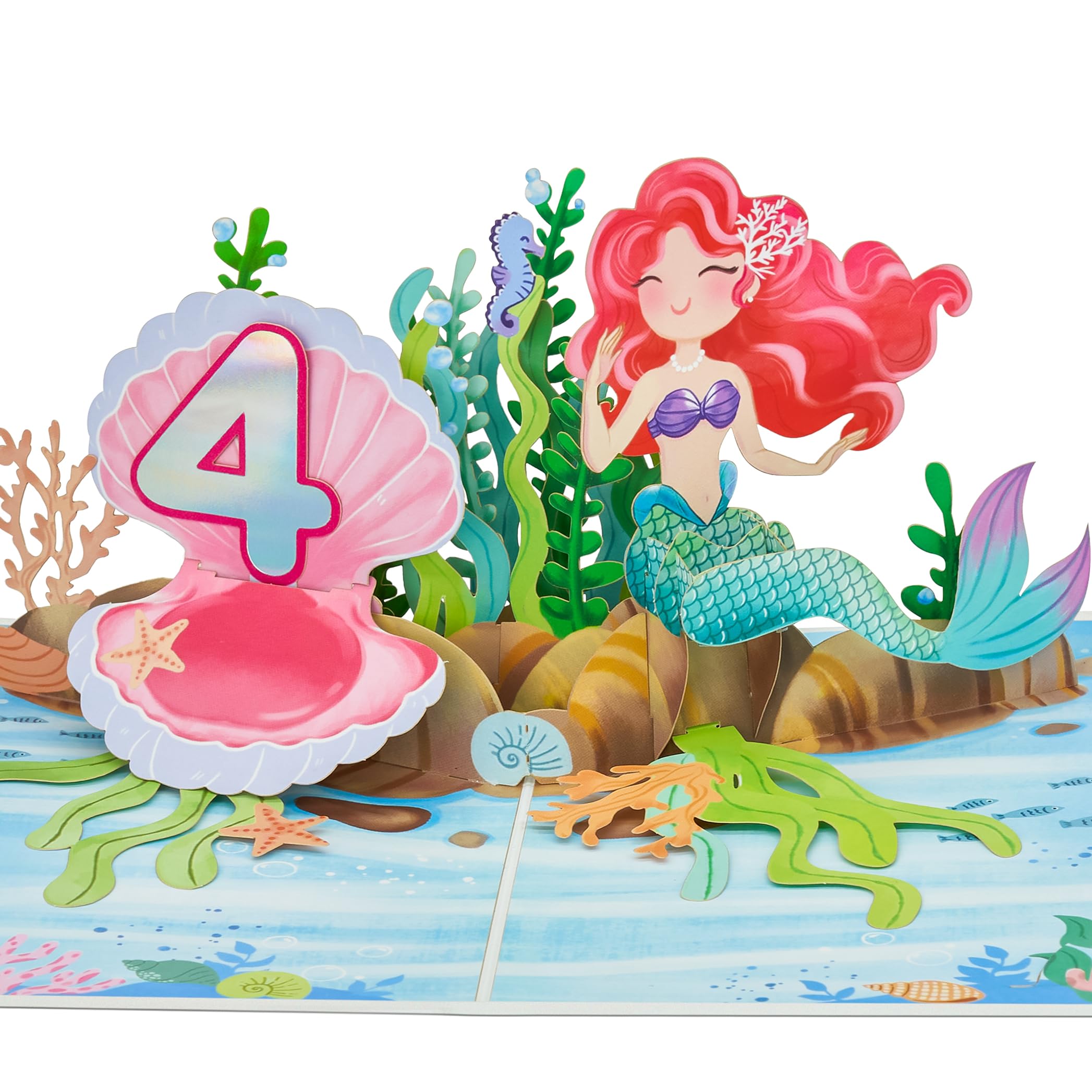 POPWOW Happy 4th Birthday Pop Up Card, Mermaid, Pearl Shell, Ocean, 3D Greeting Card, Gifts for Girls, Daughter, Granddaughter, Niece, 5x7 - Includes
