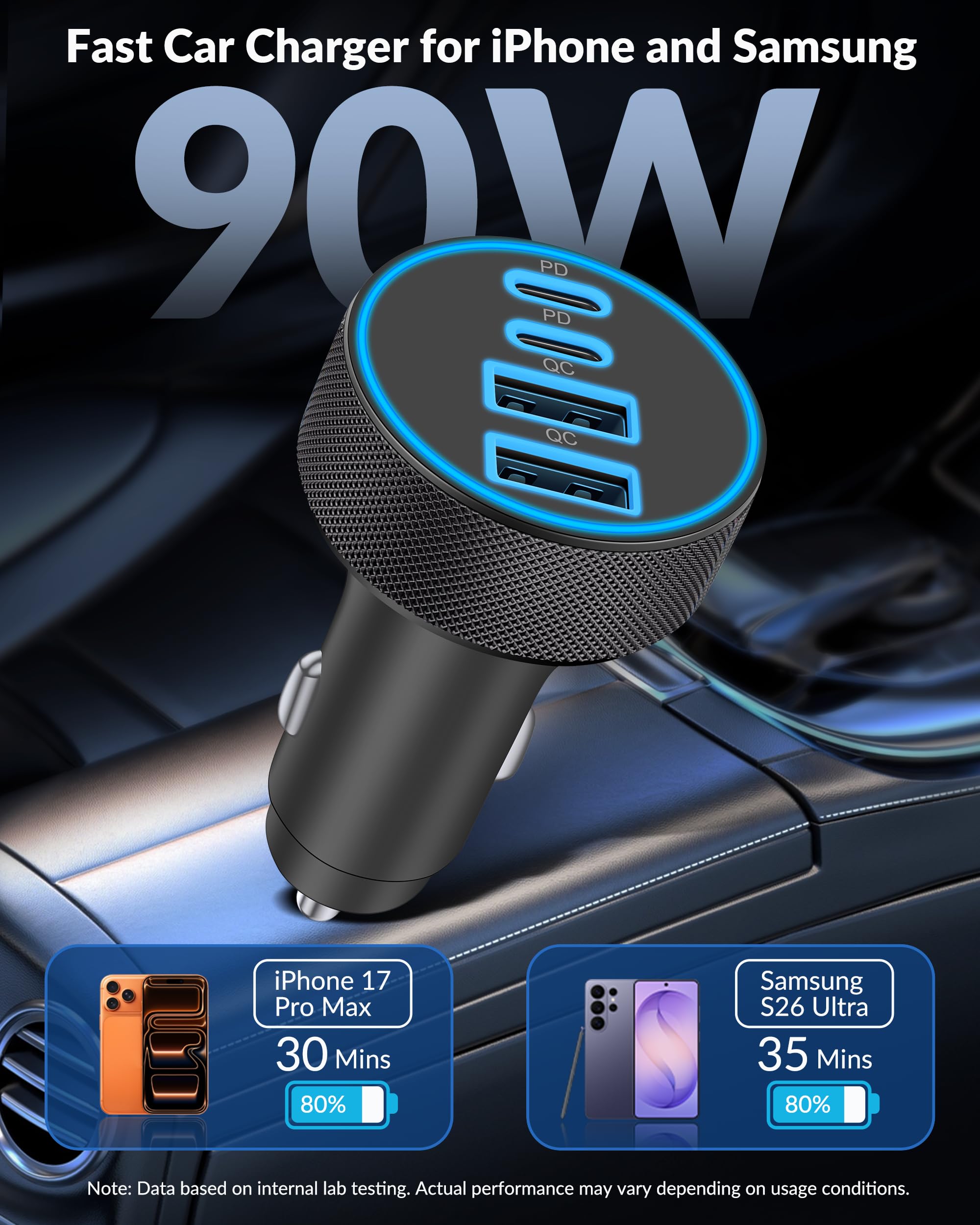 JUNVANG [4 in 1] USB C Car Charger, 4-Port 90W Super Fast Charging Cigarette Lighter Adapter, Dual 45W USBC & USB-A Multiport Car Phone Charger Accessories for iPhone 17 16 15 14 13 12, iPad, Galaxy, Tablet in use