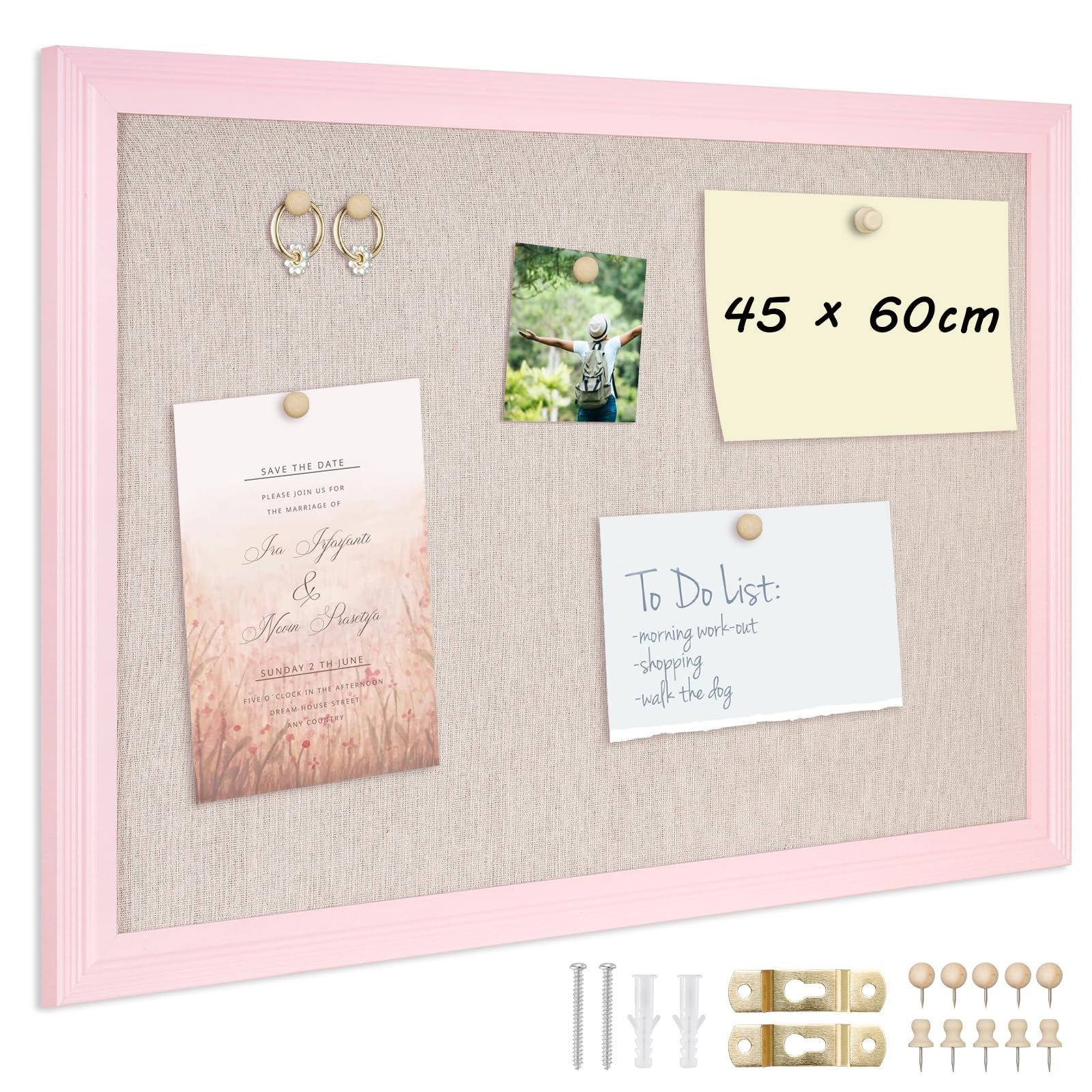 DOLLAR BOSS Pin Board Cork Board with Linen 45 X 60CM, Large Cork Boards for Walls Wood Framed Display Pin Board, Vision Board for Home Kitchen Office Decoration 10 Pushpins Beige Linen Pink Frame โ image 1