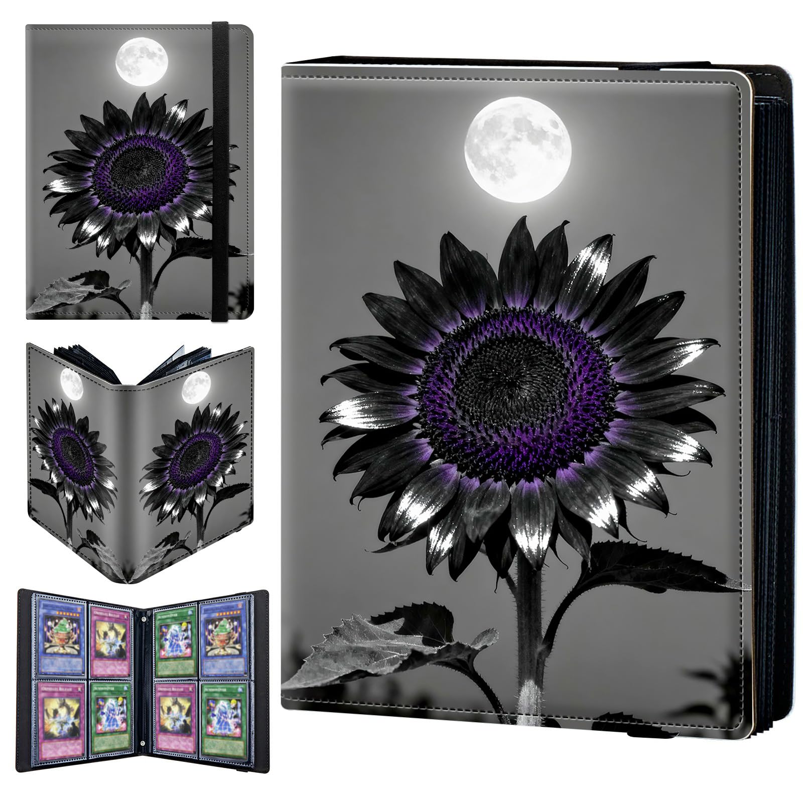 4 Pocket Trading Card Binder 320 Side Loading Pocket Album with Purple Sunflower Flower Pattern Design Card Binder for Sports Cards & Game Cards