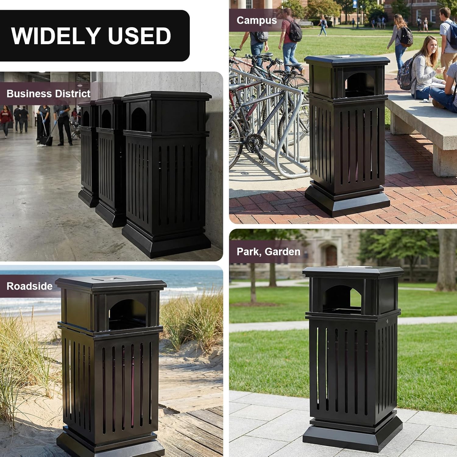 Side Opening Waste Bin with Removable Inner Bucket & Lid Steel Square Commercial Garbage Bin Large Capacity Decorative Trash Container for Garage Backyard Or Garden