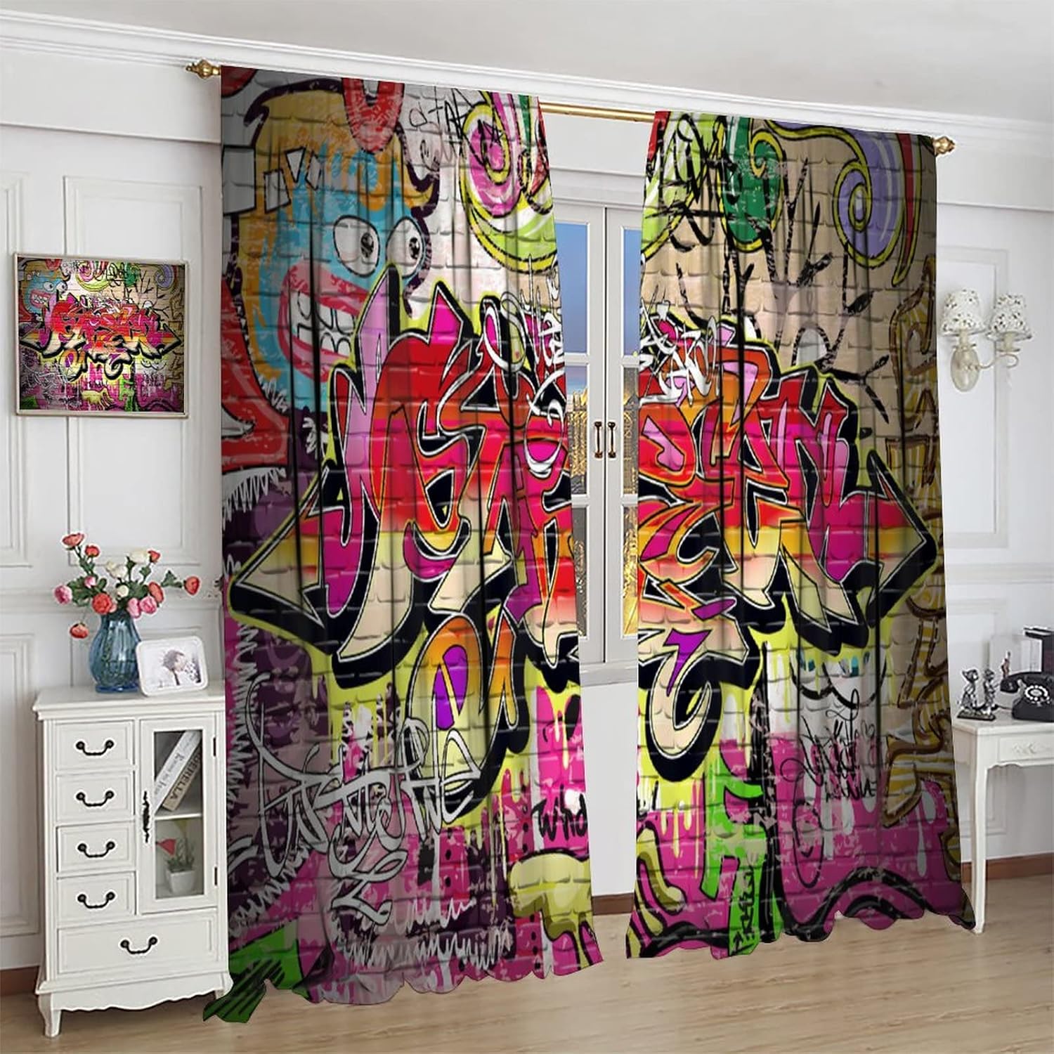 Brick Wall Curtains,Graffiti Grunge Art Wall Modern City Urban Landscape Print Curtains for Teens Bedroom Living Room Kitchen Café Window Drapes 2 Panel Set,Total Size 42" x 45"