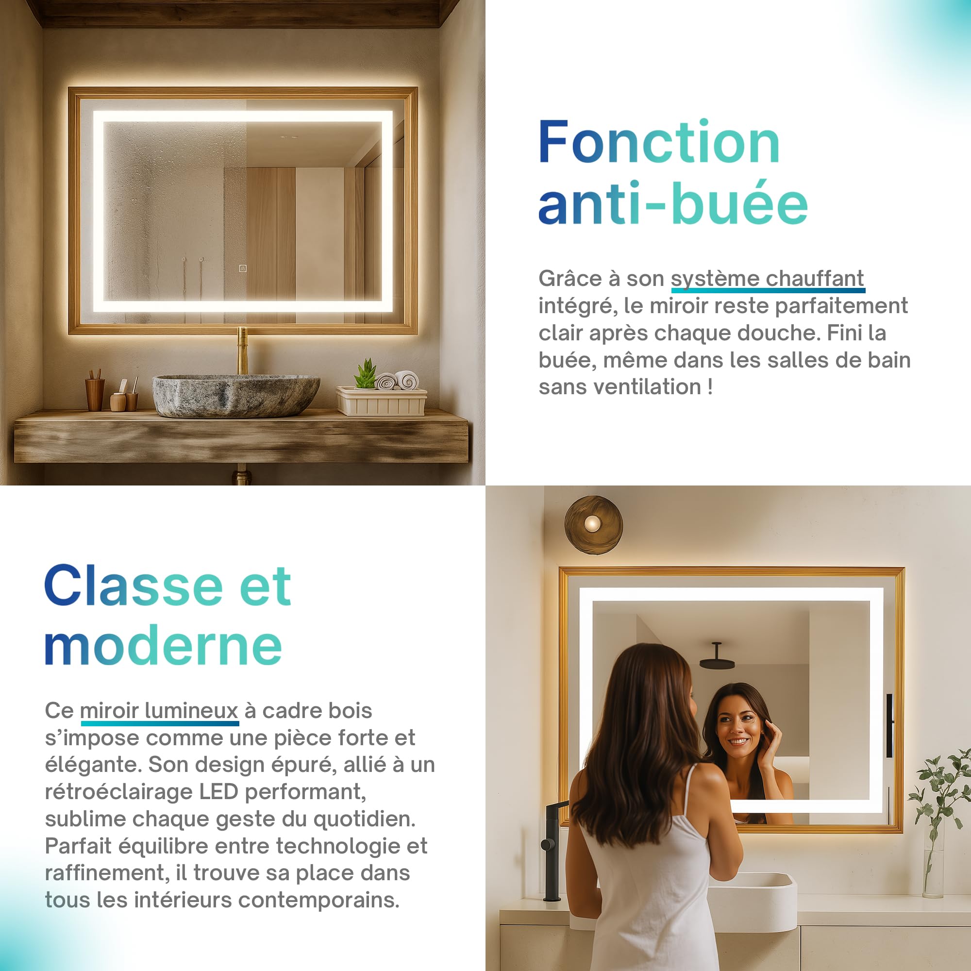 Specchio da parete a LED 70 x 100 cm con cornice in legno – Illuminazione incorporata luce calda o bianca – Pulsante touch, funzione disappannamento e striscia LED impermeabile – ideale per
