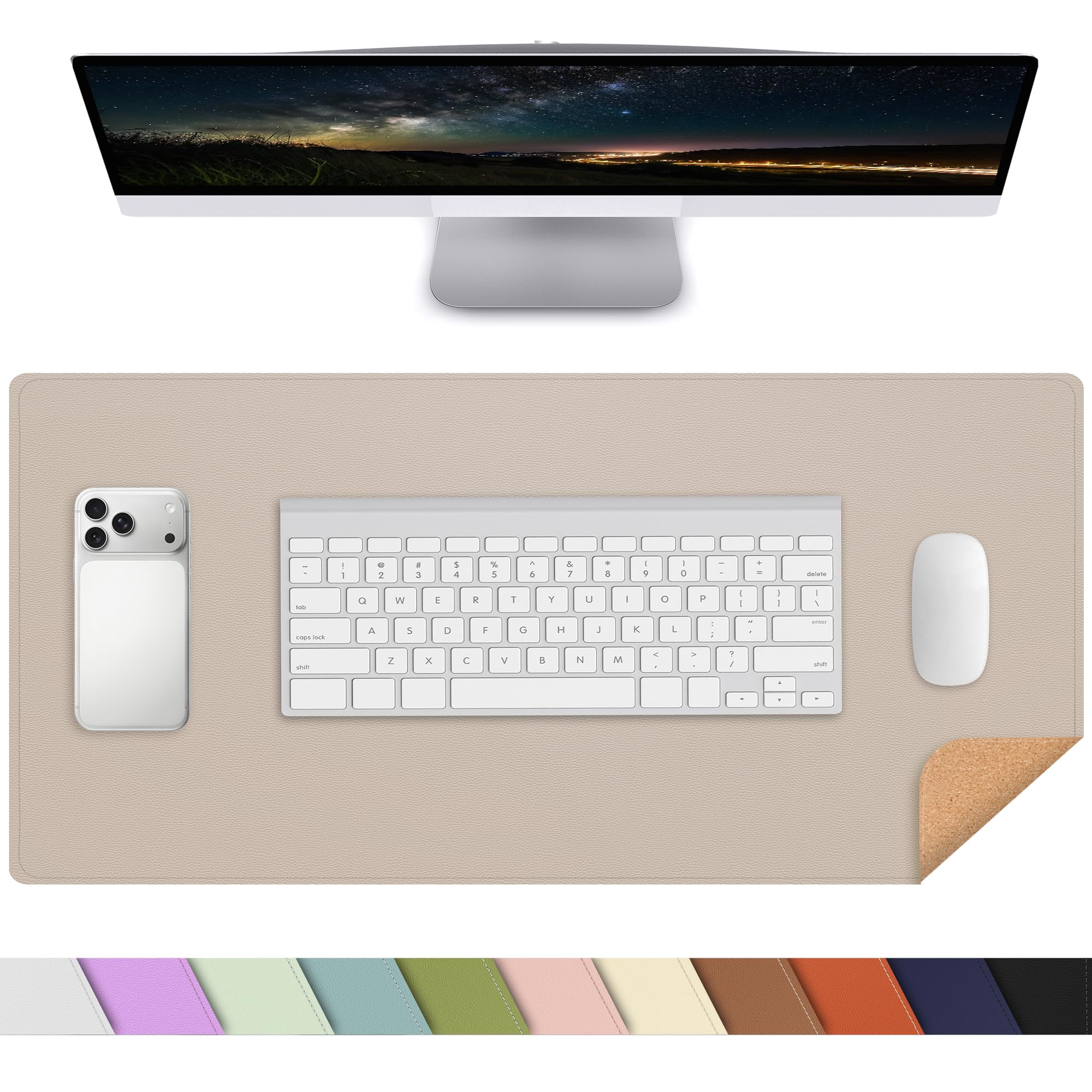 Leather Desk Mat, Large Mouse Mat,PU Leather & Cork Desk Pad, Waterproof Leather Table Protector Writing Pad for Office and Home(60x35cm,Beige)