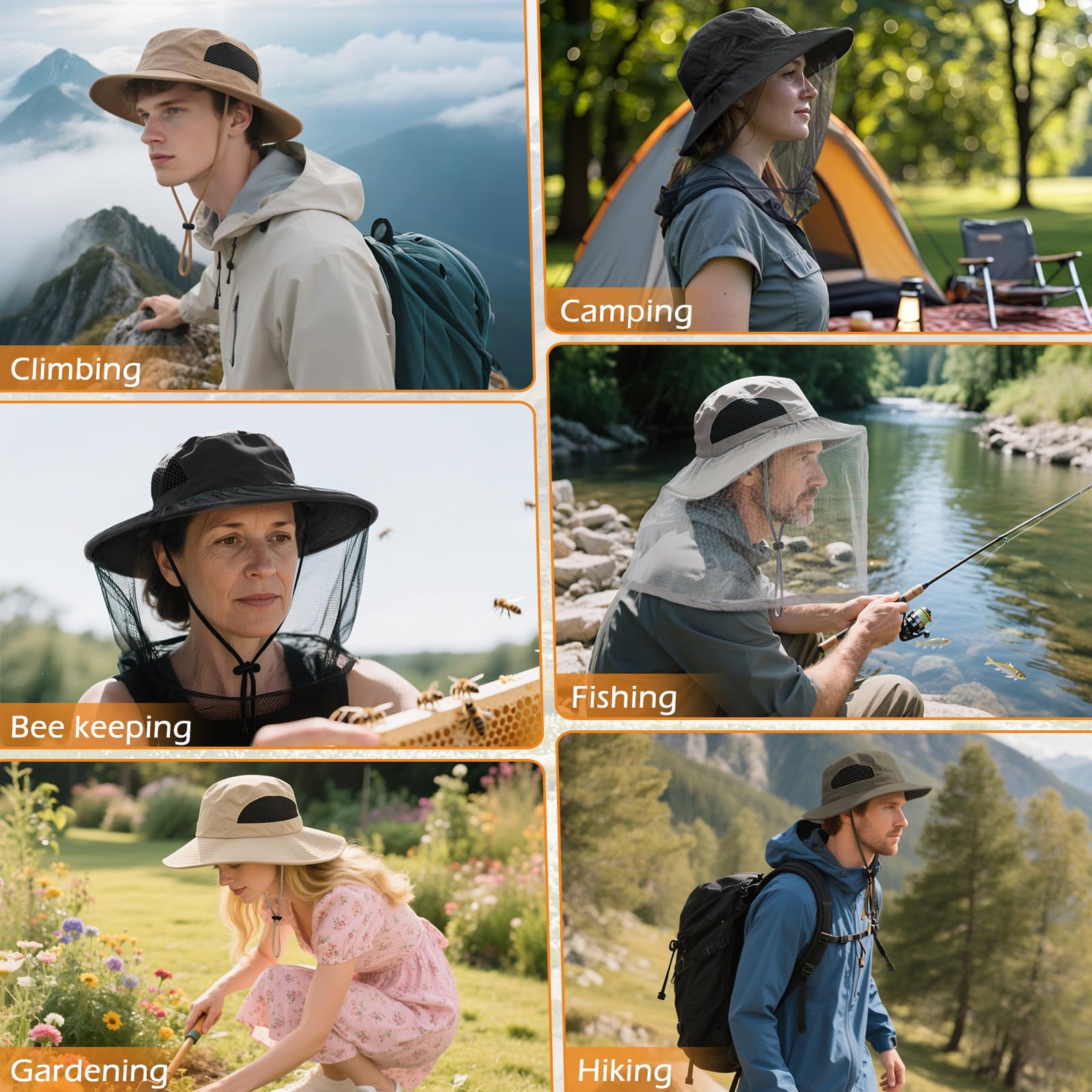 Sombrero de pesca con mosquitero oculto, red de insectos, sombreros de guarda de abejas con velo para hombres y mujeres, Caqui, Talla única 6