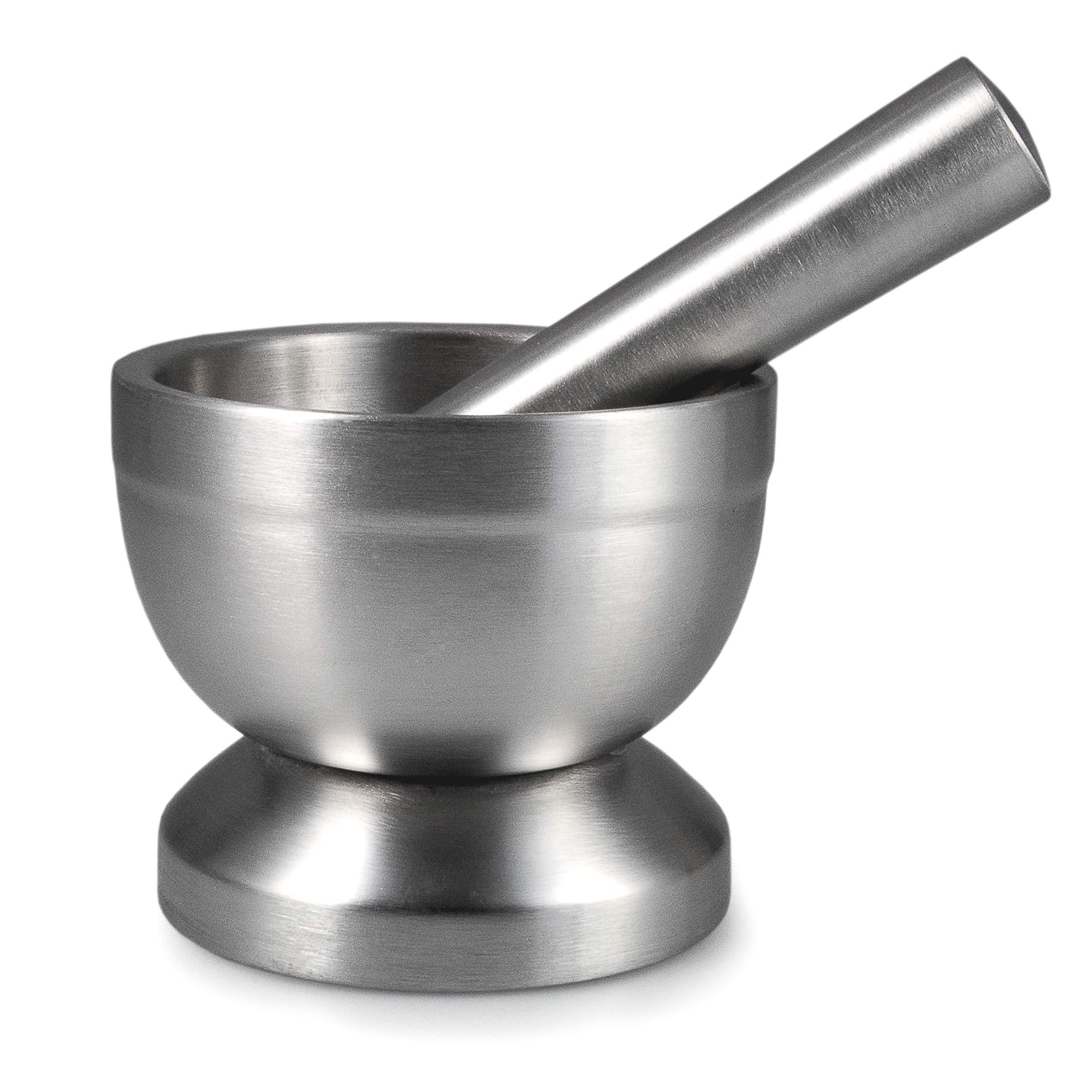 Mörser aus rostfreiem Edelstahl mit Stößel, inkl. transparentem Deckel, rutschfester Boden, schwere 789 g Ausführung, Ø innen 8,5 cm, 8,2 cm Höhe, zum Mahlen und Zerstoßen