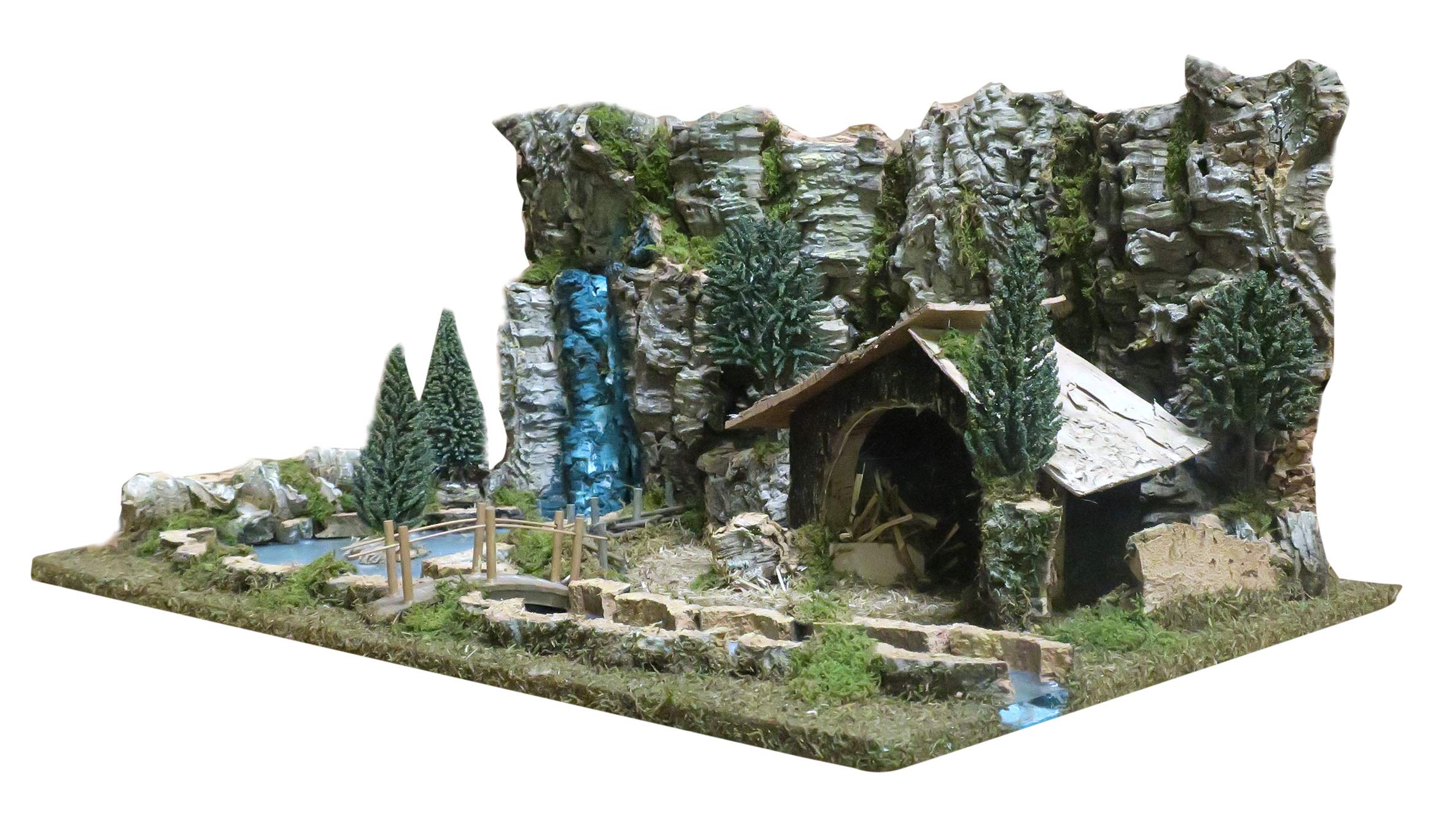 Bertoni Paysage Crèche avec Rivière Lumineuse et Cascade | Cabane, Étang et Paroi Montagne en Bois | Produit Italien | 36x56x25 cm