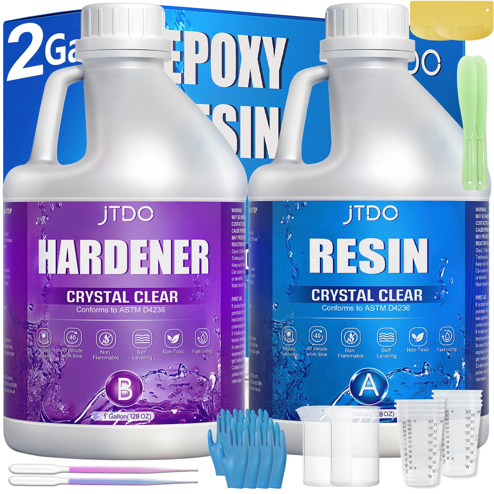 JTDO Epoxy Resin Kit - Crystal Clear, Self-Leveling, Bubbles Free, UV Resistant for DIY Art, Jewelry, Table, Countertop, 1:1 Mix (2 Gallon)