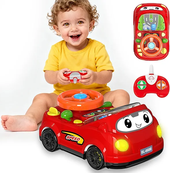 BIGRANK 2-in-1 RC Car & Steering Wheel Toy, Musical Toddler Car, Interactive Simulation Driving Toys for 18+ Months Baby Learning, Gift for 1 2 3 4 5+ Years Old Boys Girls