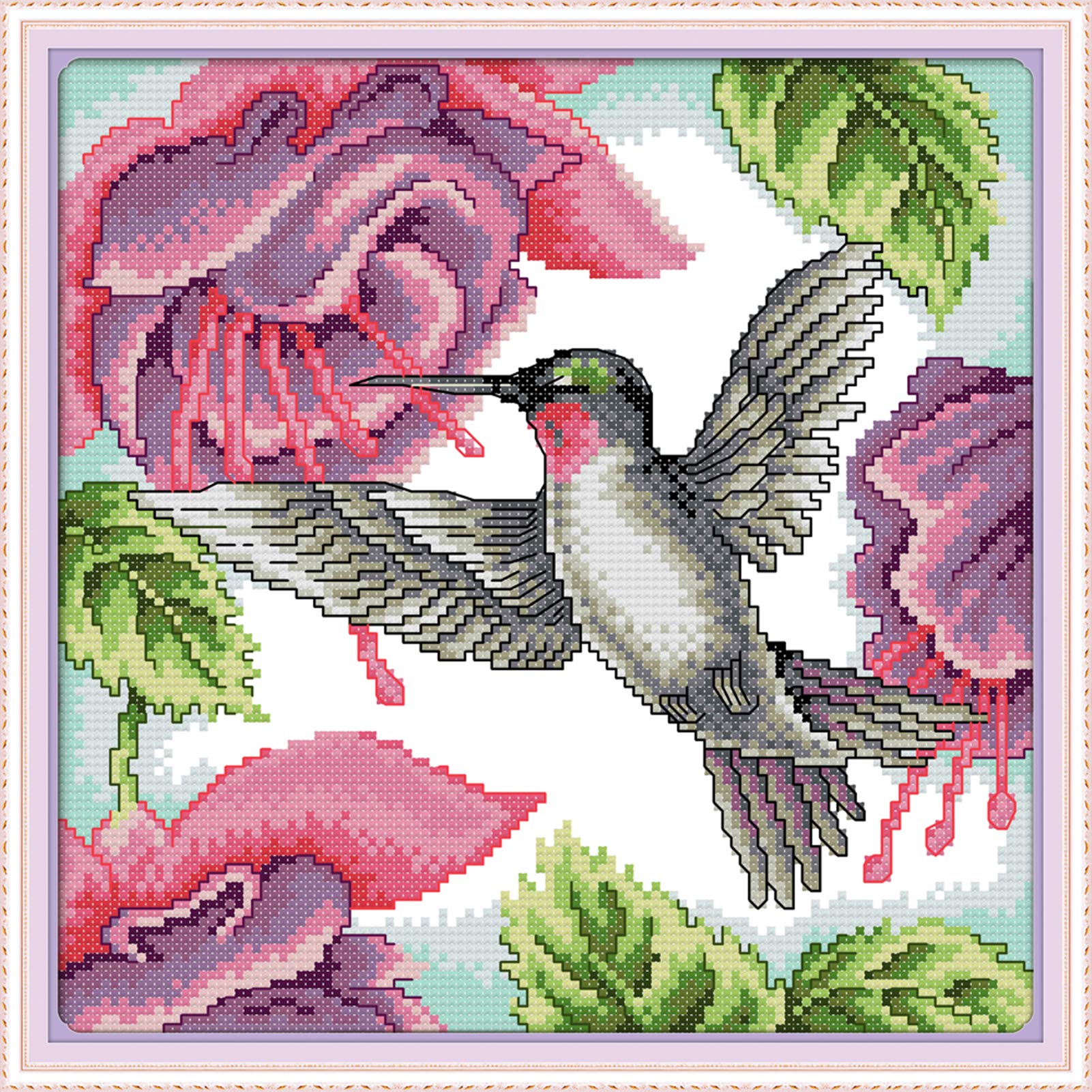 Wowdecor Hummingbirds Cross Stitch Embroidery Kits For Adults Kids, Birds Flowers 11Ct Stamped Diy Dmc Needlework Easy Beginners