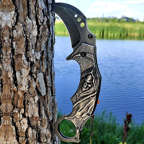 Miniatura 7 de Vividstill Cuchillo de bolsillo para hombre, cuchillo plegable con clip y alivio 3D, cuchillo Edc en relieve para hombres, supervivencia al aire