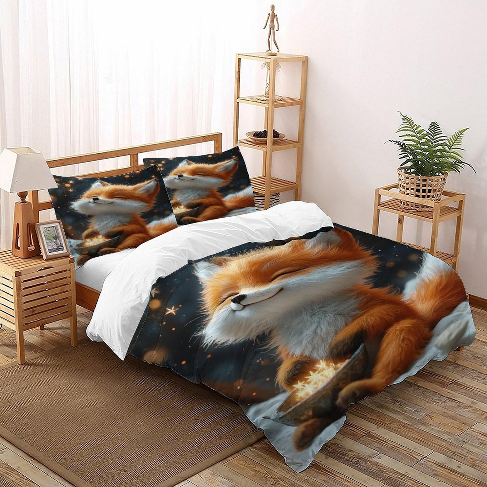 Housse de couette 200x200 renard et parure de lit 3 pièces microfibres avec taies d'oreiller