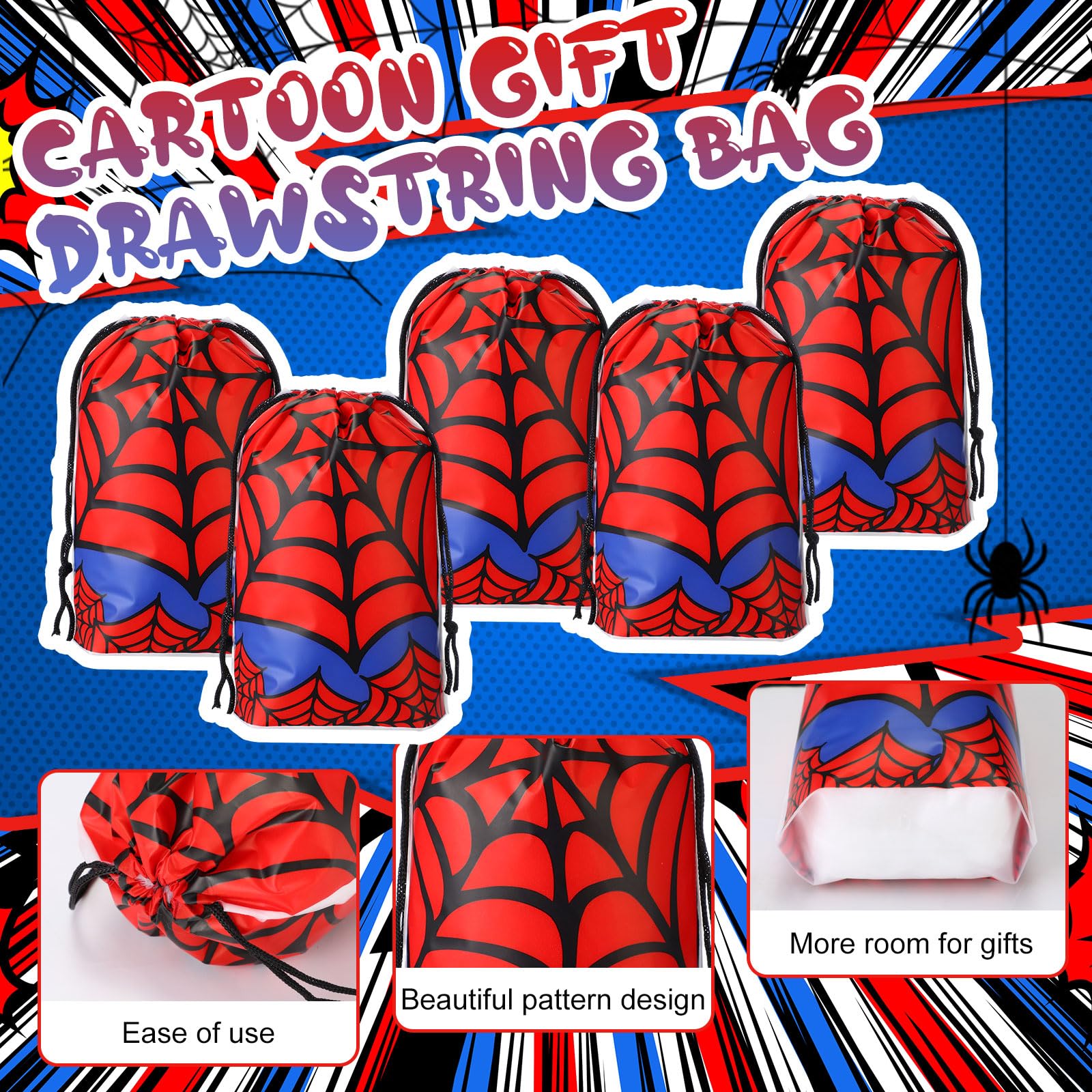 Lzuhoa 24 Pcs Spider Party Favors Gift Bags Drawstring Party Bags, Spider Birthday Decorations, Birthday Party Favor Bags Treat Goodie Bags for Birthdayy Party