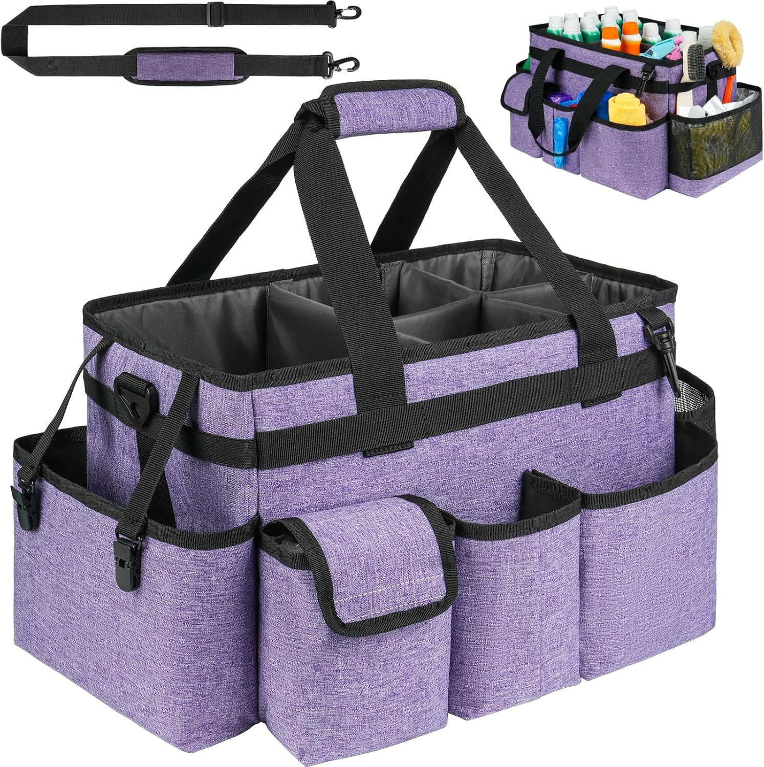 Cleaning Caddy with Handle,Cleaning Organiser,Multifunctional Cleaners Bag with Detachable Thick Dividers,Adjustable Waist Belt,Shoulder Straps for Cleaning Supplies,Home,Car,Garden,Large,Purple