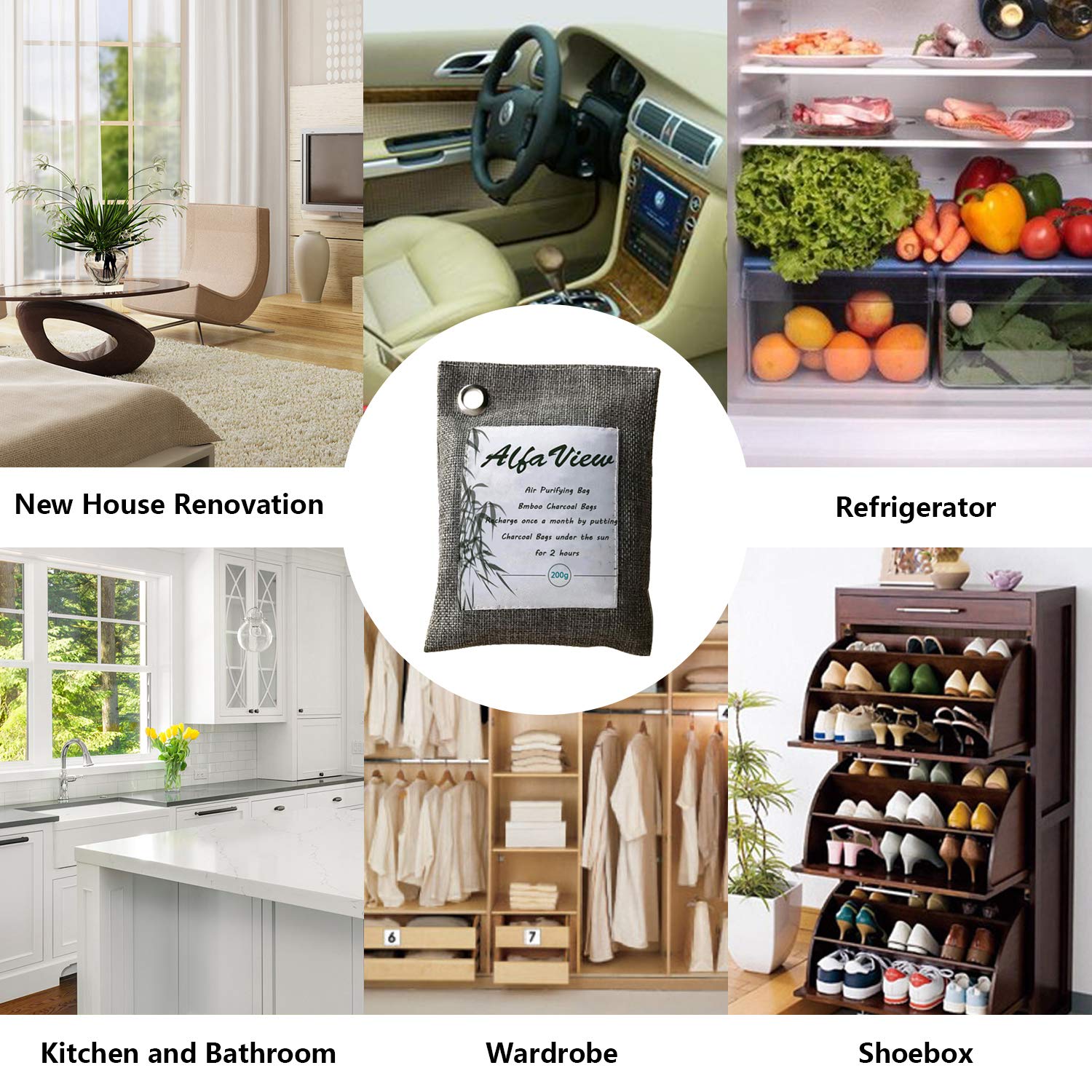 Bolsa Purificadora de Aire, AlfaView Naturalmente Ambientador de Bambú y Carbón Desodorizarte de Calzado y Eliminador de Olores Absorbente para Automóviles y Armarios y 100% sin Olor Químico