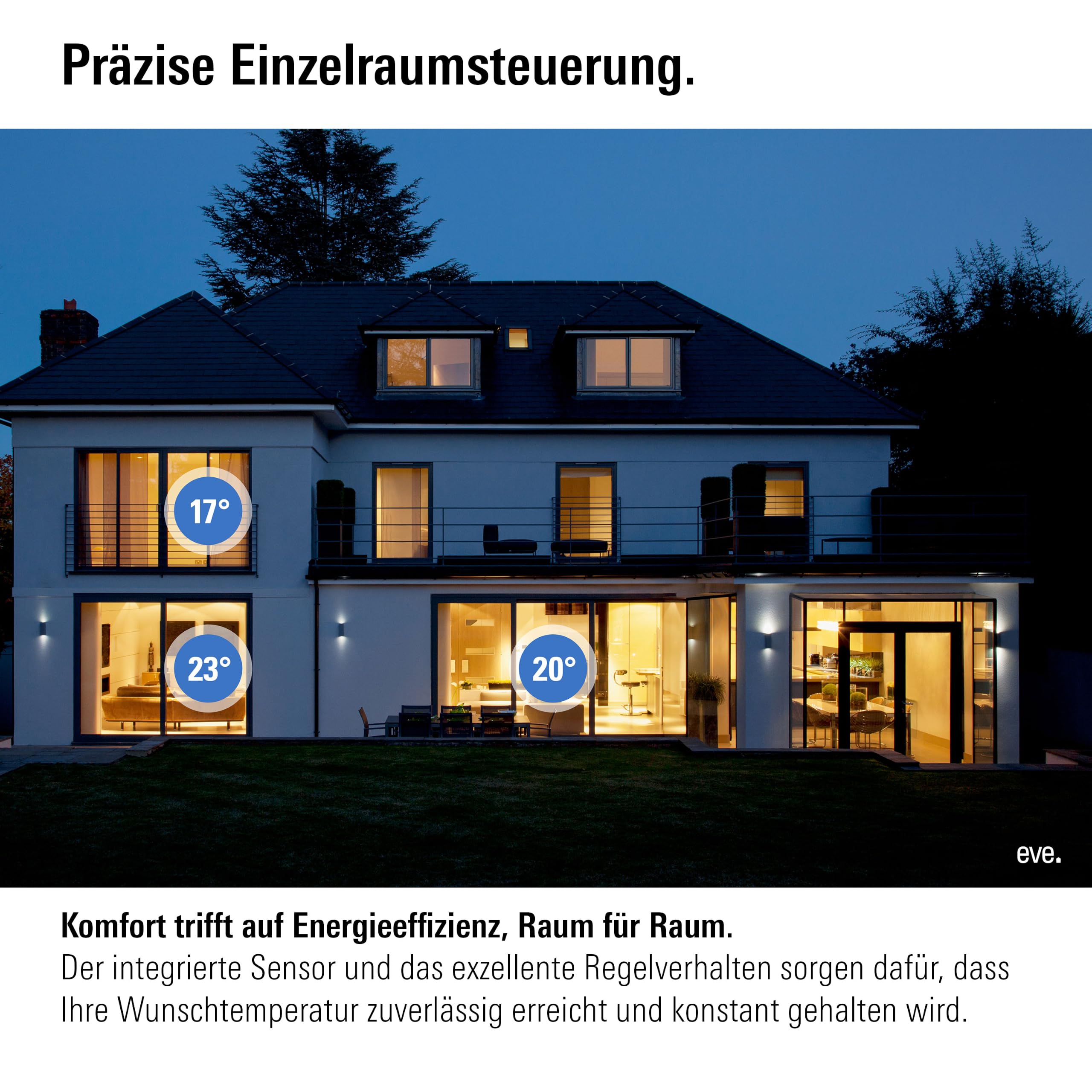 Eve Thermostat (Matter) - Smartes Thermostat für Fußbodenheizungen | Fußbodenheizungssteuerung für Alexa, Apple, Google, App- und Sprachsteuerung, präzise Einzelraumsteuerung, Triac-Schaltung