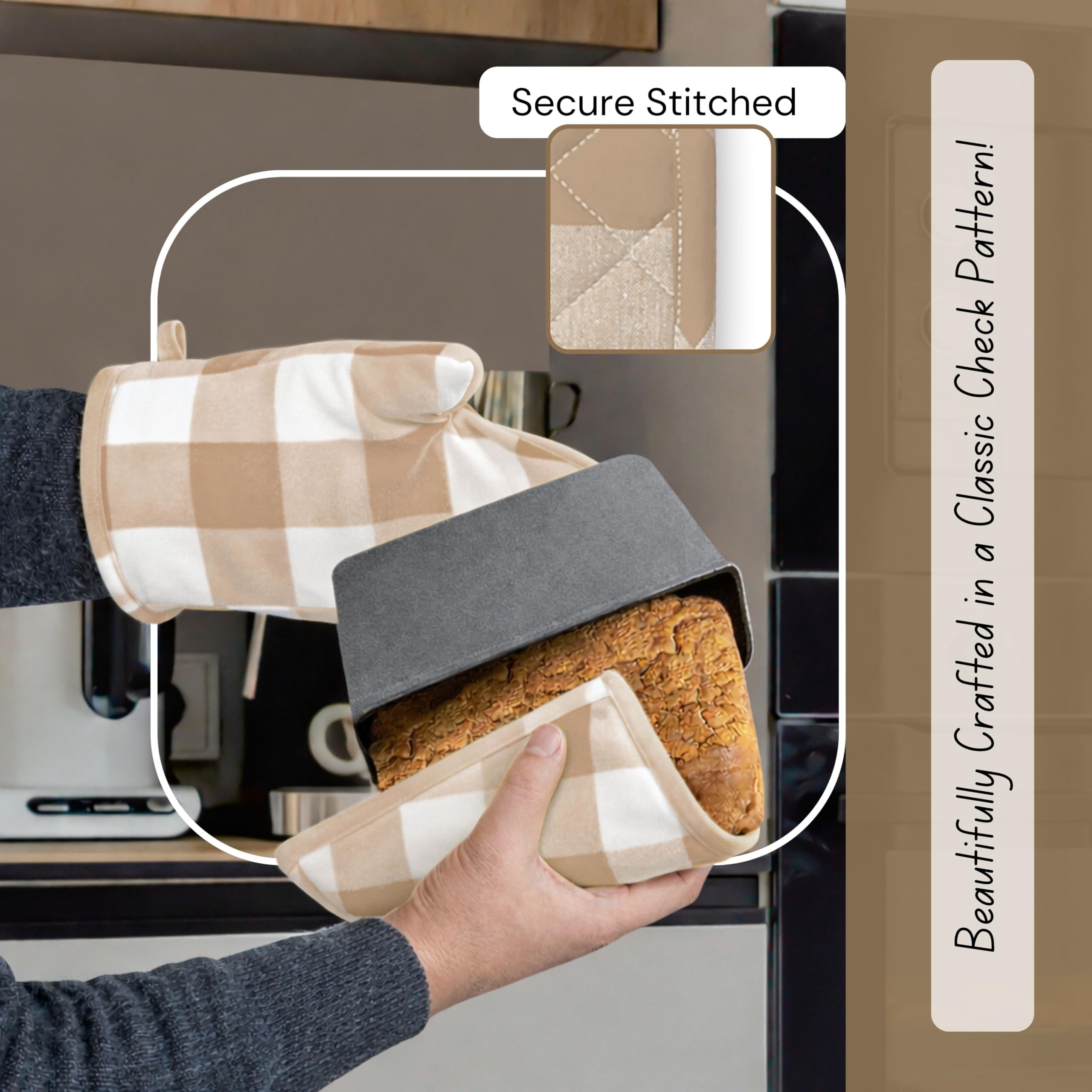 Native Fab Buffalo - Set di 4 guanti da forno e presine a quadri in 100% cotone, resistenti al calore, 2 guanti da forno (7 x 13), 2 presine (8 x 8) per cucinare e cuocere, beige bianco