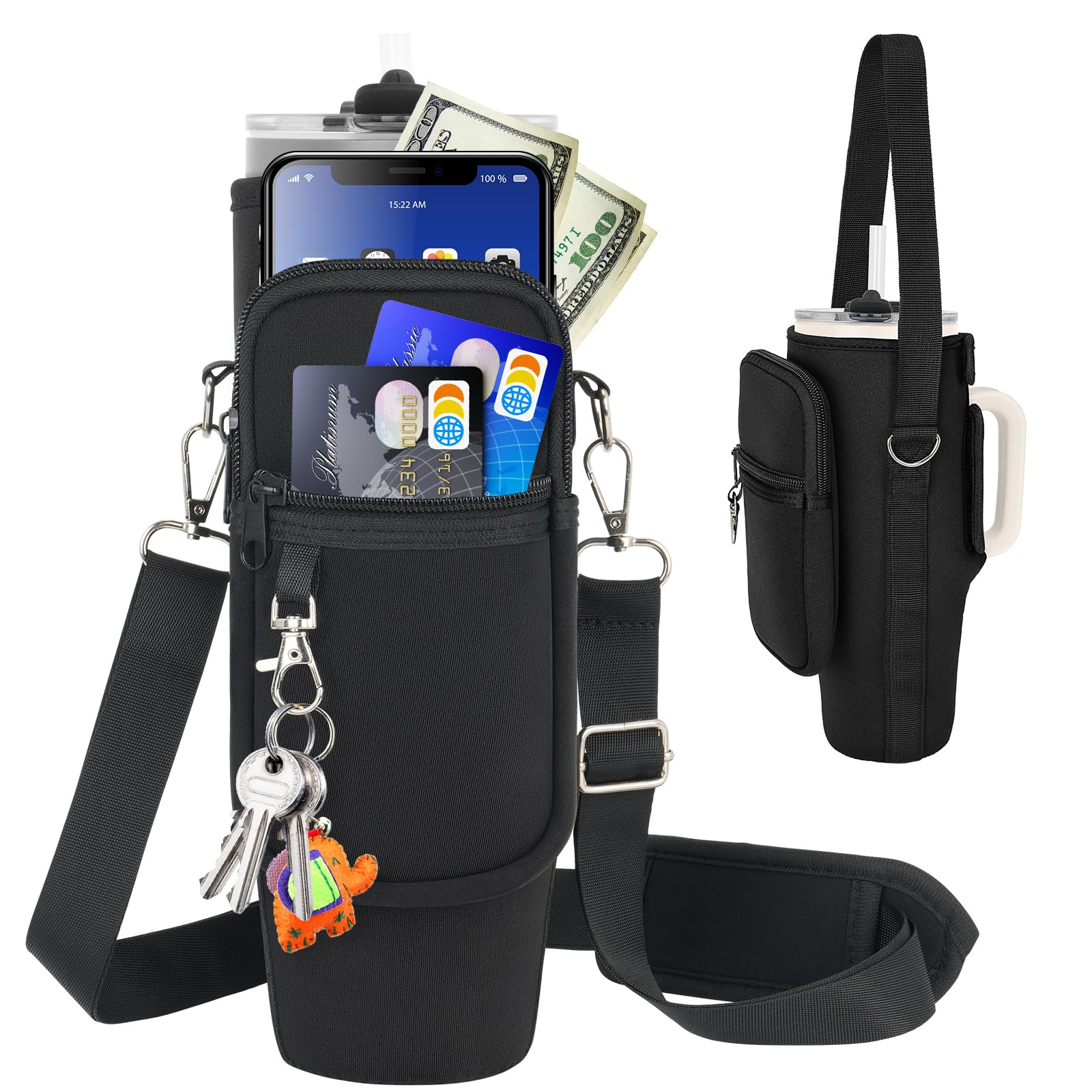 Water Bottle Carrier Bag with Phone Pocket Compatible with Stanley/Meoky 40 oz Tumbler with Handle,Water Bottle Holder Pouch with Adjustable Strap Compatible with Stanley Cup Accessories