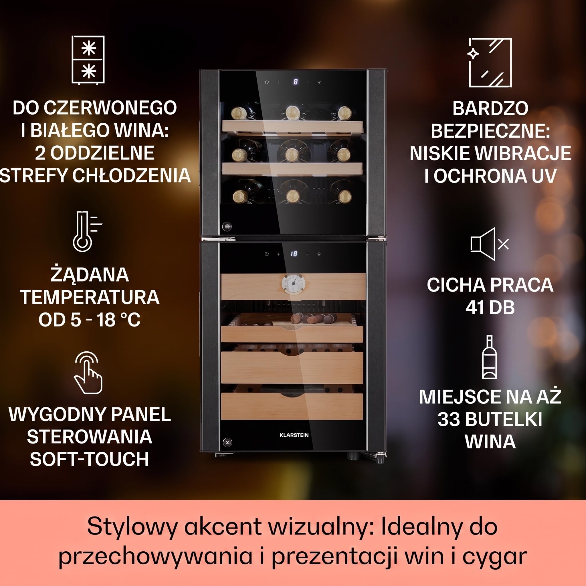 Klarstein Humidor i chłodziarka do wina, Szafka na wino i cygara, Lodówka na napoje i humidor na cygara, Wine Fridge z wyświetlaczem LED, Kontrola temperatury, Higrometr, 89L